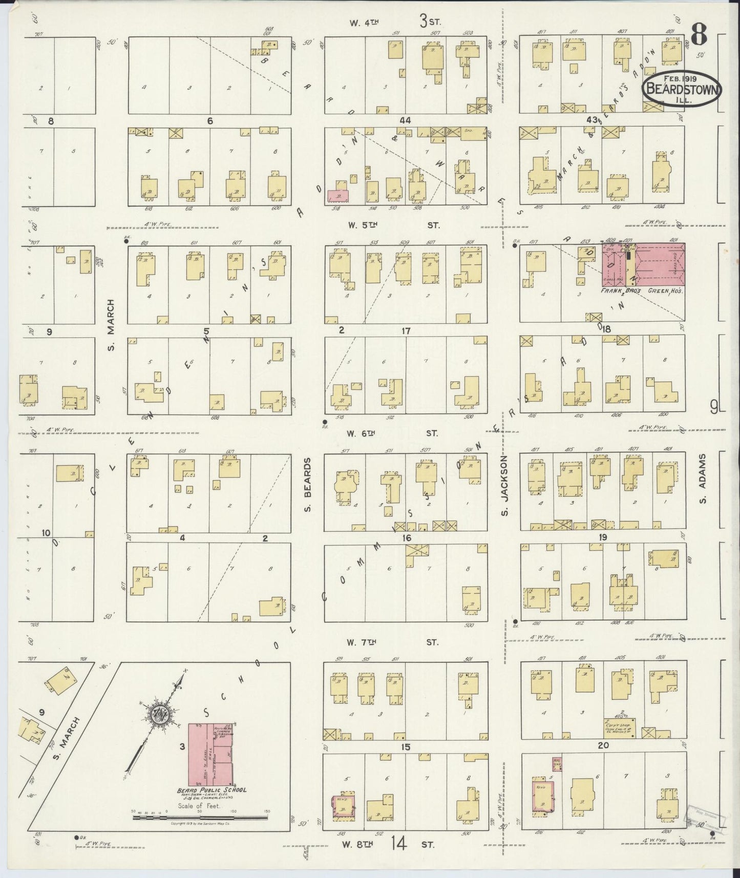 Sanborn Fire Insurance Map from Beardstown, Cass County, Illinois (1919), Sheet #0008 - Complete Map Set gallery image, historic Sanborn map, vintage wall art, Illinois Illinois