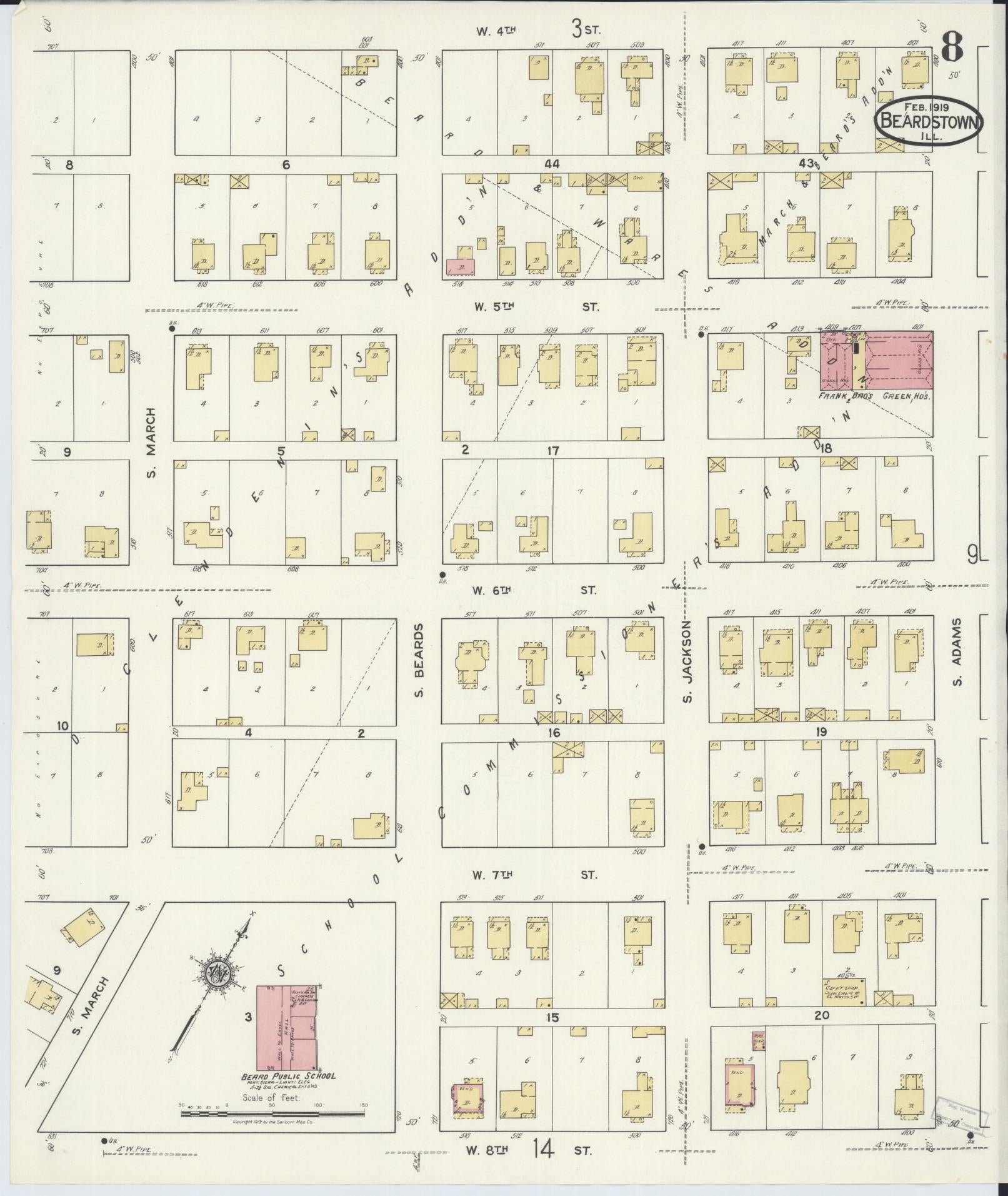Sanborn Fire Insurance Map from Beardstown, Cass County, Illinois (1919), Sheet #0008 - Complete Map Set gallery image, historic Sanborn map, vintage wall art, Illinois Illinois