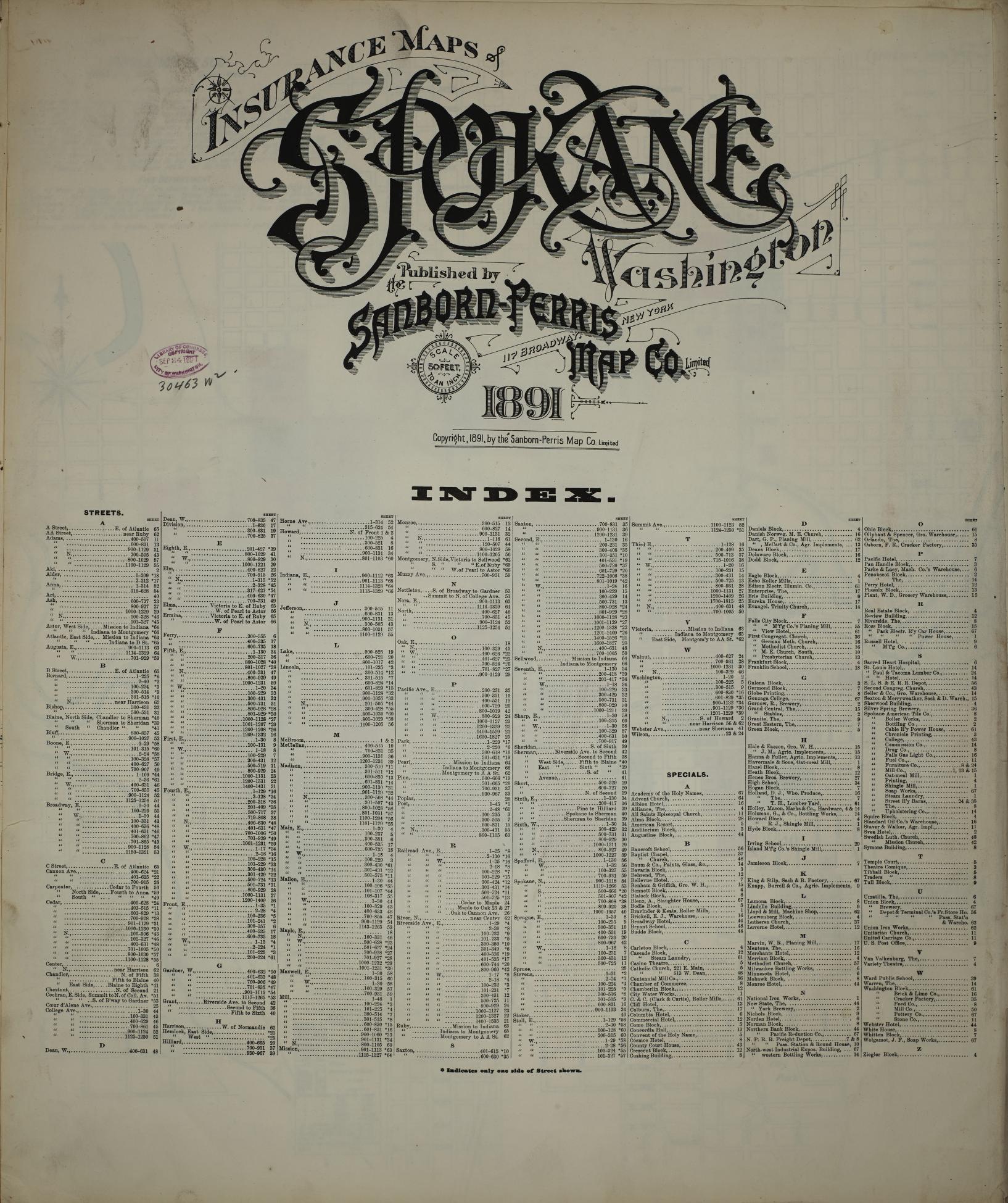 Sanborn Fire Insurance Map from Spokane, Spokane County, Washington (1891), Sheet #0001 - Historic Sanborn Fire Insurance Map Print, vintage old map wall art, antique decor, genealogy gift, Washington Washington map