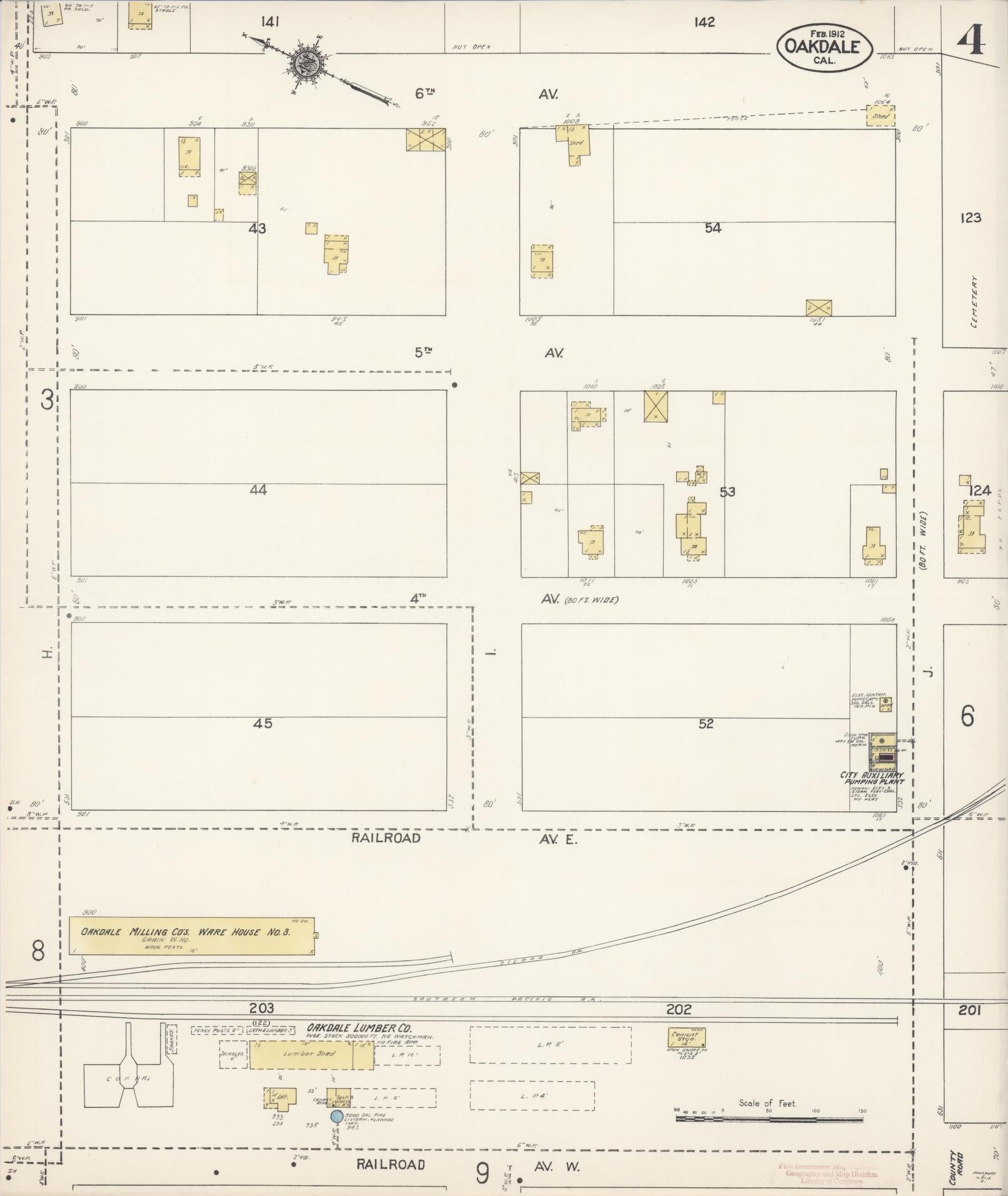 Sanborn Fire Insurance Map from Oakdale, Stanislaus County, California (1912), Sheet #0004 - Complete Map Set gallery image, historic Sanborn map, vintage wall art, California California