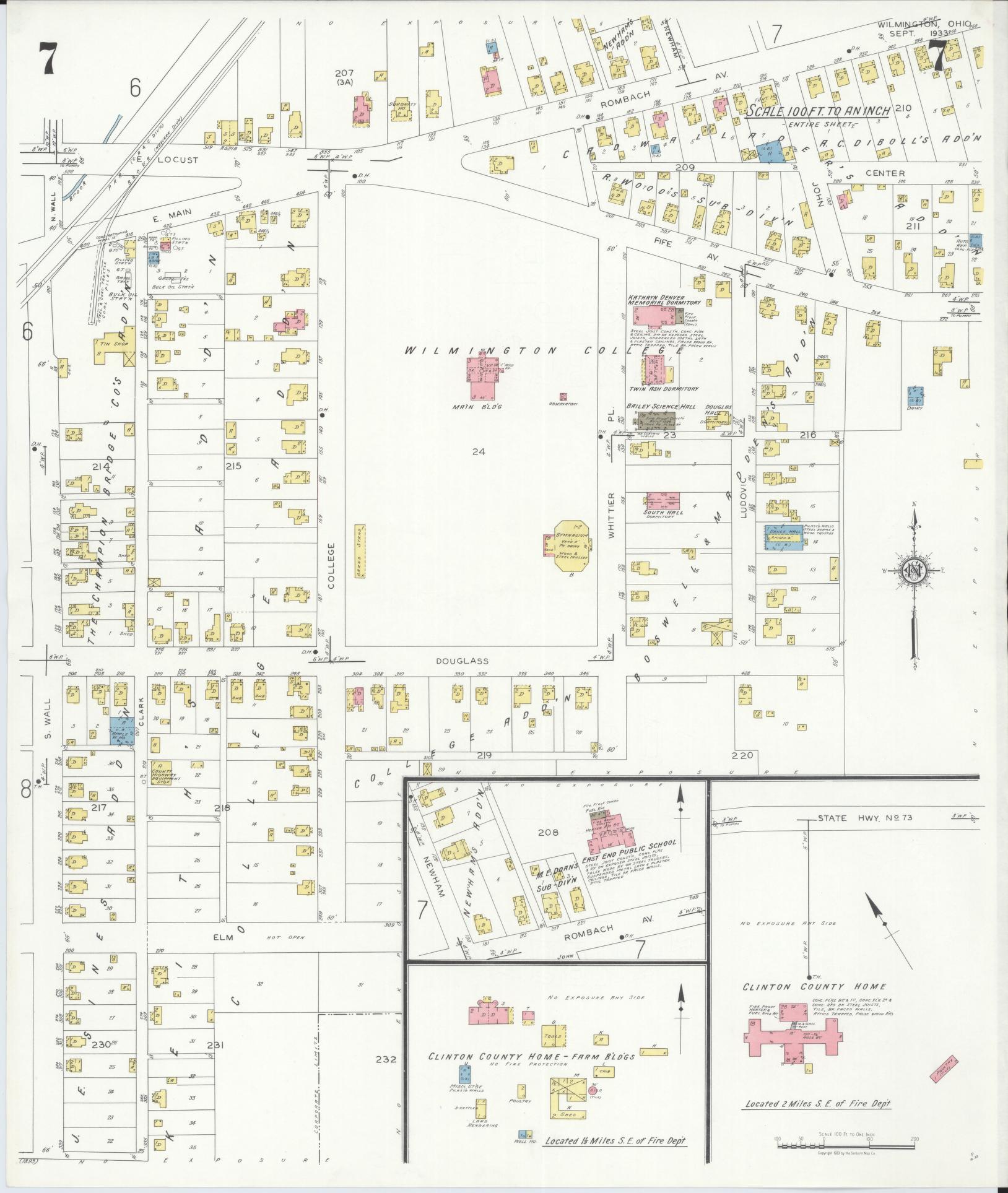 Sanborn Fire Insurance Map from Wilmington, Clinton County, Ohio (1933), Sheet #0007 - Complete Map Set gallery image, historic Sanborn map, vintage wall art, Ohio Ohio