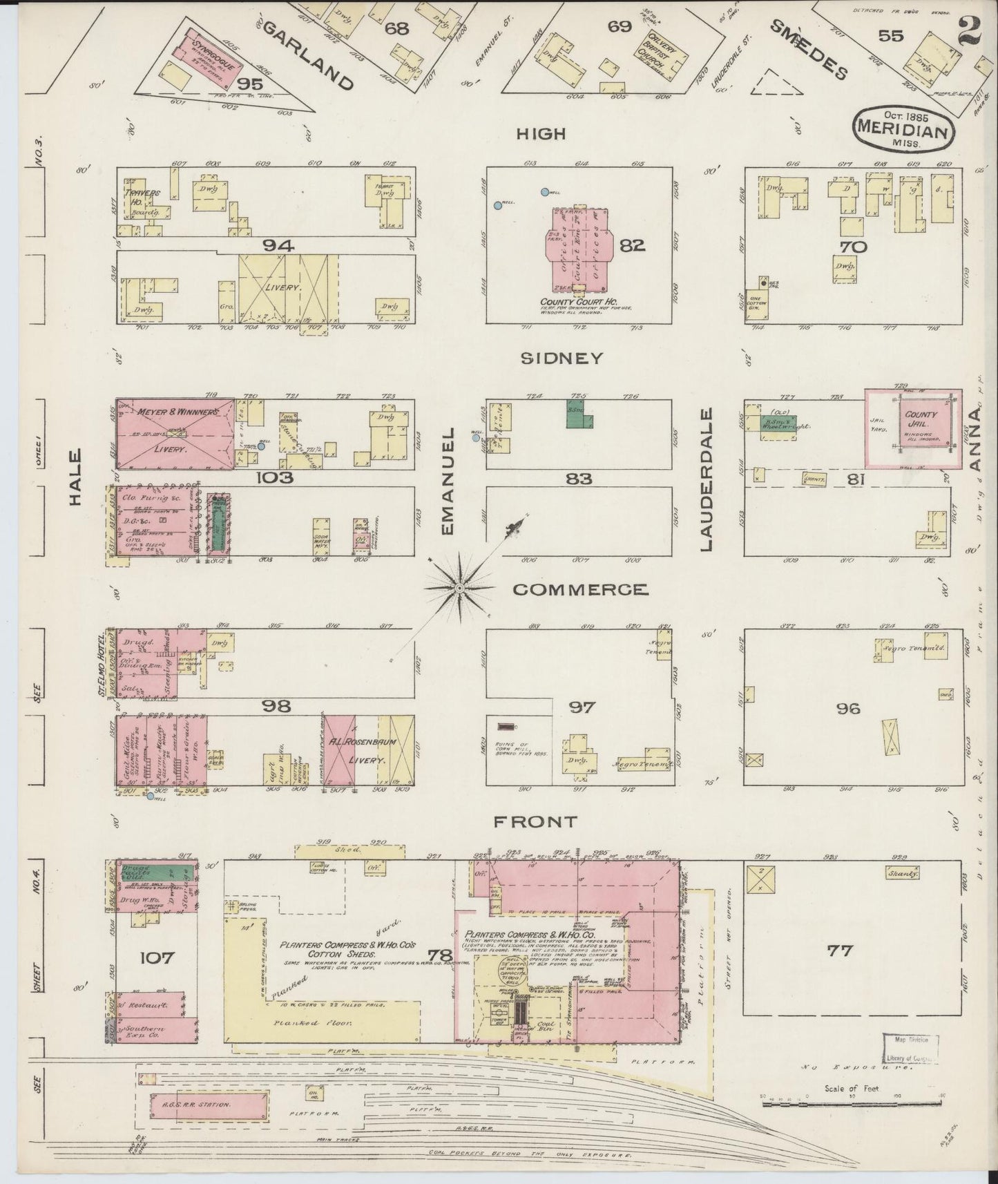 Sanborn Fire Insurance Map from Meridian, Lauderdale County, Mississippi (1885), Sheet #0002 - Historic Sanborn Fire Insurance Map Print, vintage old map wall art, antique decor, genealogy gift, Mississippi Mississippi map
