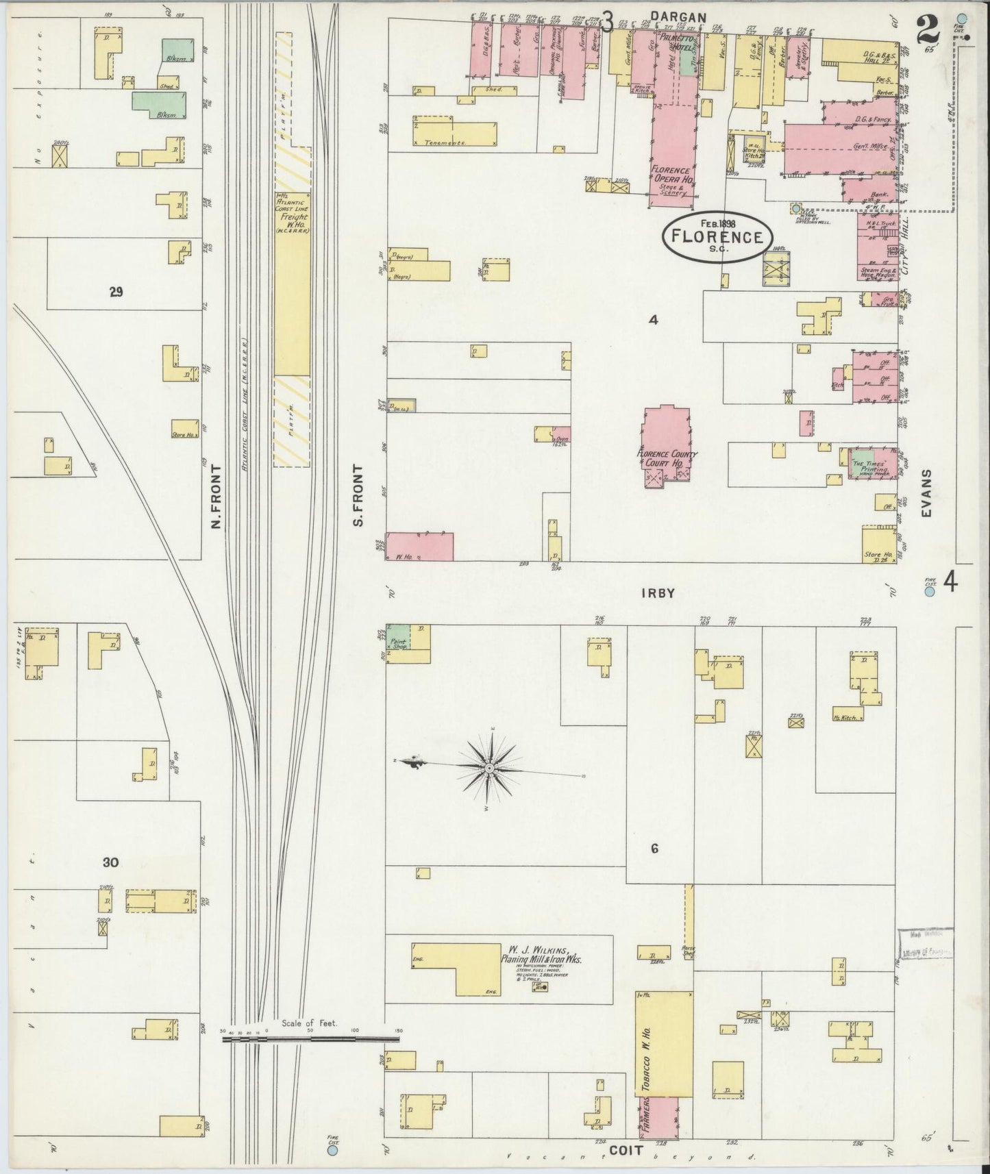 Sanborn Fire Insurance Map from Florence, Florence County, South Carolina (1898), Sheet #0002 - Complete Map Set gallery image, historic Sanborn map, vintage wall art, South Carolina South Carolina