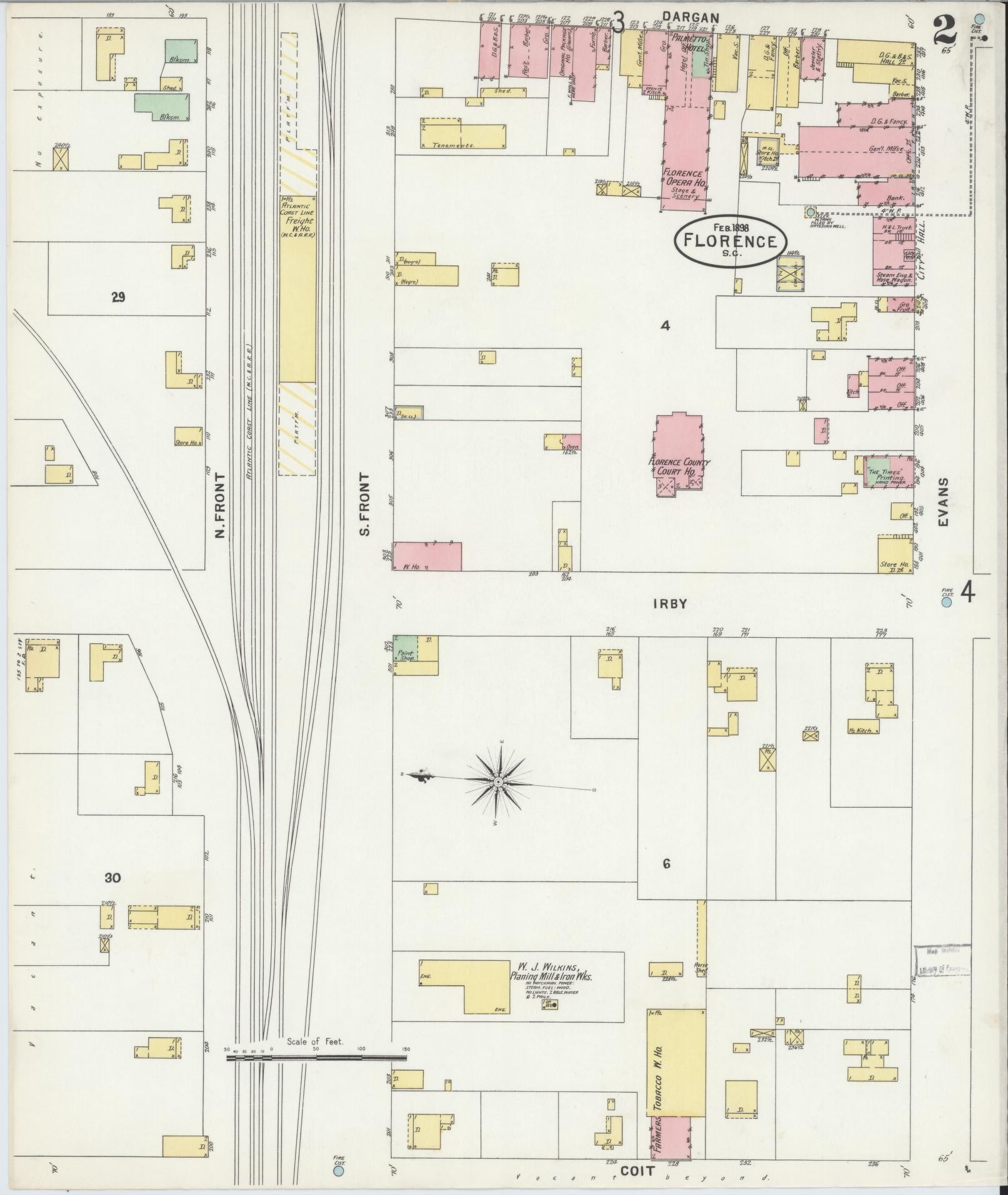 Sanborn Fire Insurance Map from Florence, Florence County, South Carolina (1898), Sheet #0002 - Complete Map Set gallery image, historic Sanborn map, vintage wall art, South Carolina South Carolina