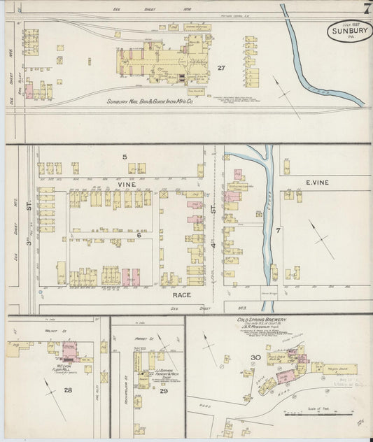 Sanborn Fire Insurance Map from Sunbury, Northumberland County, Pennsylvania (1887), Sheet #0007 - Historic Sanborn Fire Insurance Map Print, vintage old map wall art, antique decor, genealogy gift, Pennsylvania Pennsylvania map