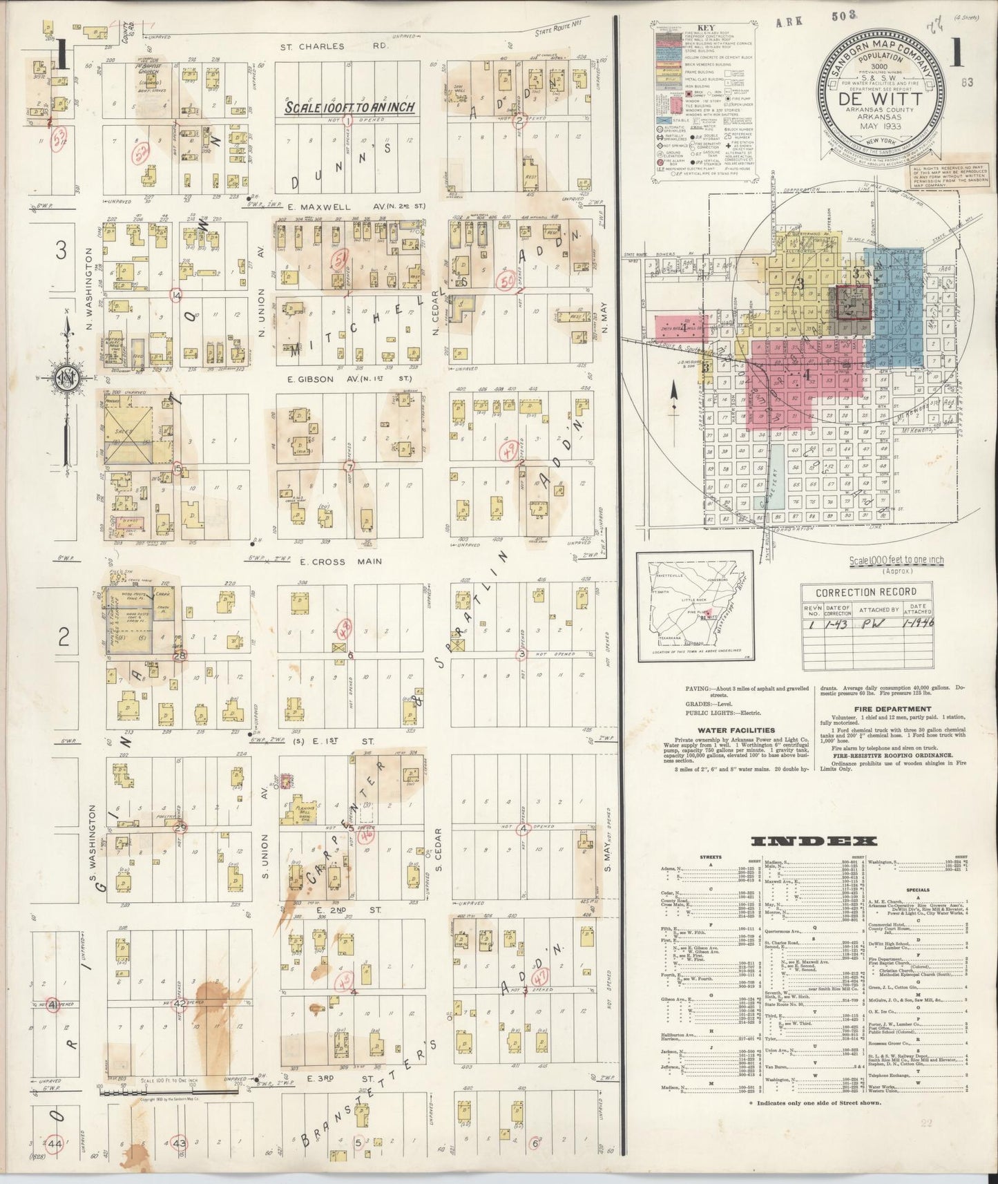 Sanborn Fire Insurance Map from De Witt, Arkansas County, Arkansas (1943), Sheet #0001 - Complete Map Set gallery image, historic Sanborn map, vintage wall art, De Witt Arkansas