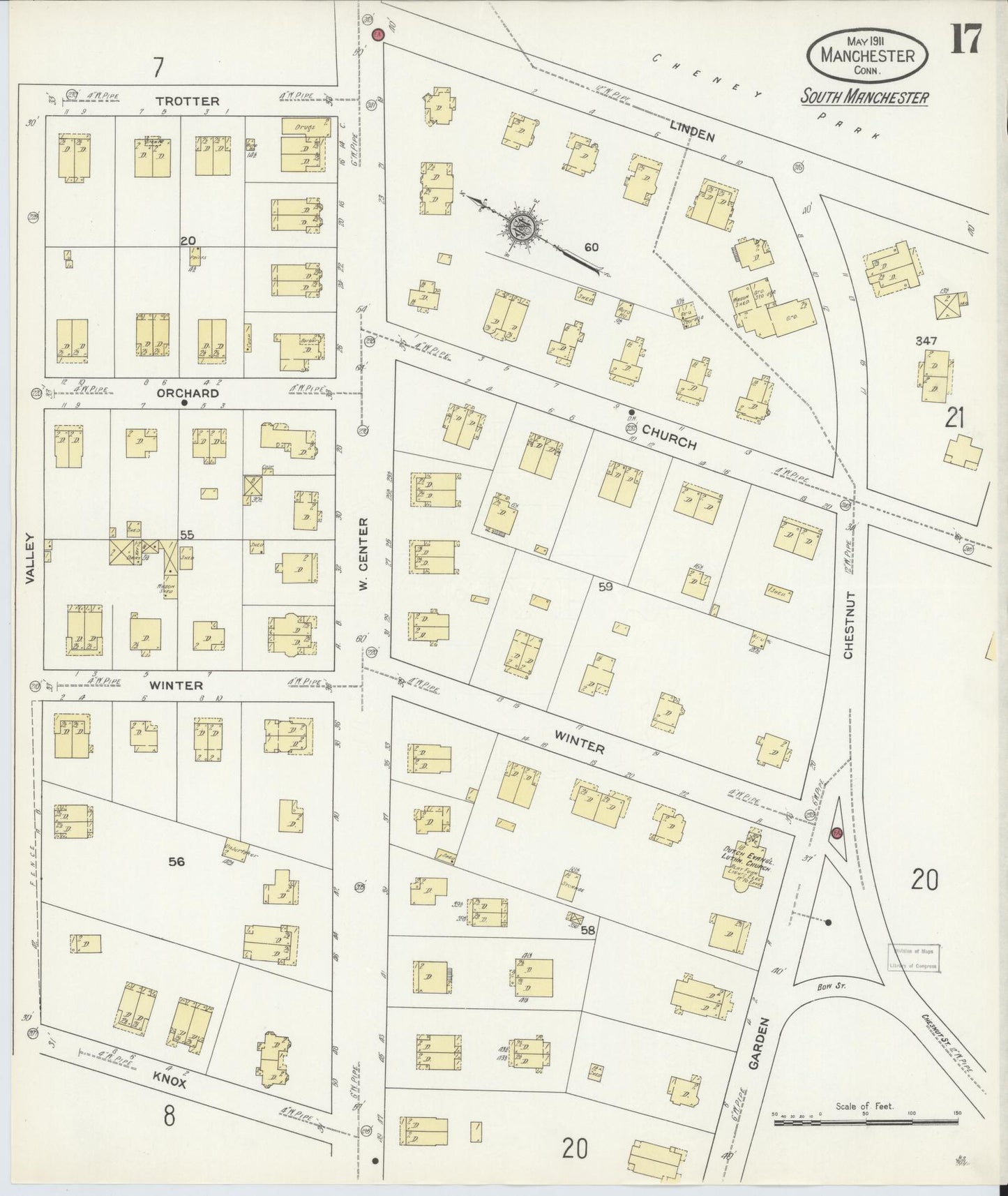 Sanborn Fire Insurance Map from Manchester, Hartford County, Connecticut (1911), Sheet #0017 - Complete Map Set gallery image, historic Sanborn map, vintage wall art, Connecticut Connecticut