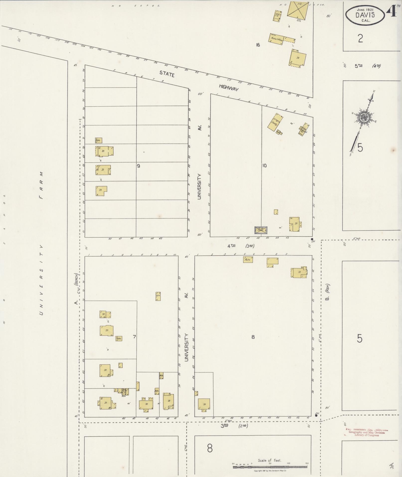 Sanborn Fire Insurance Map from Davis, Yolo County, California (1921), Sheet #0004 - Complete Map Set gallery image, historic Sanborn map, vintage wall art, California California
