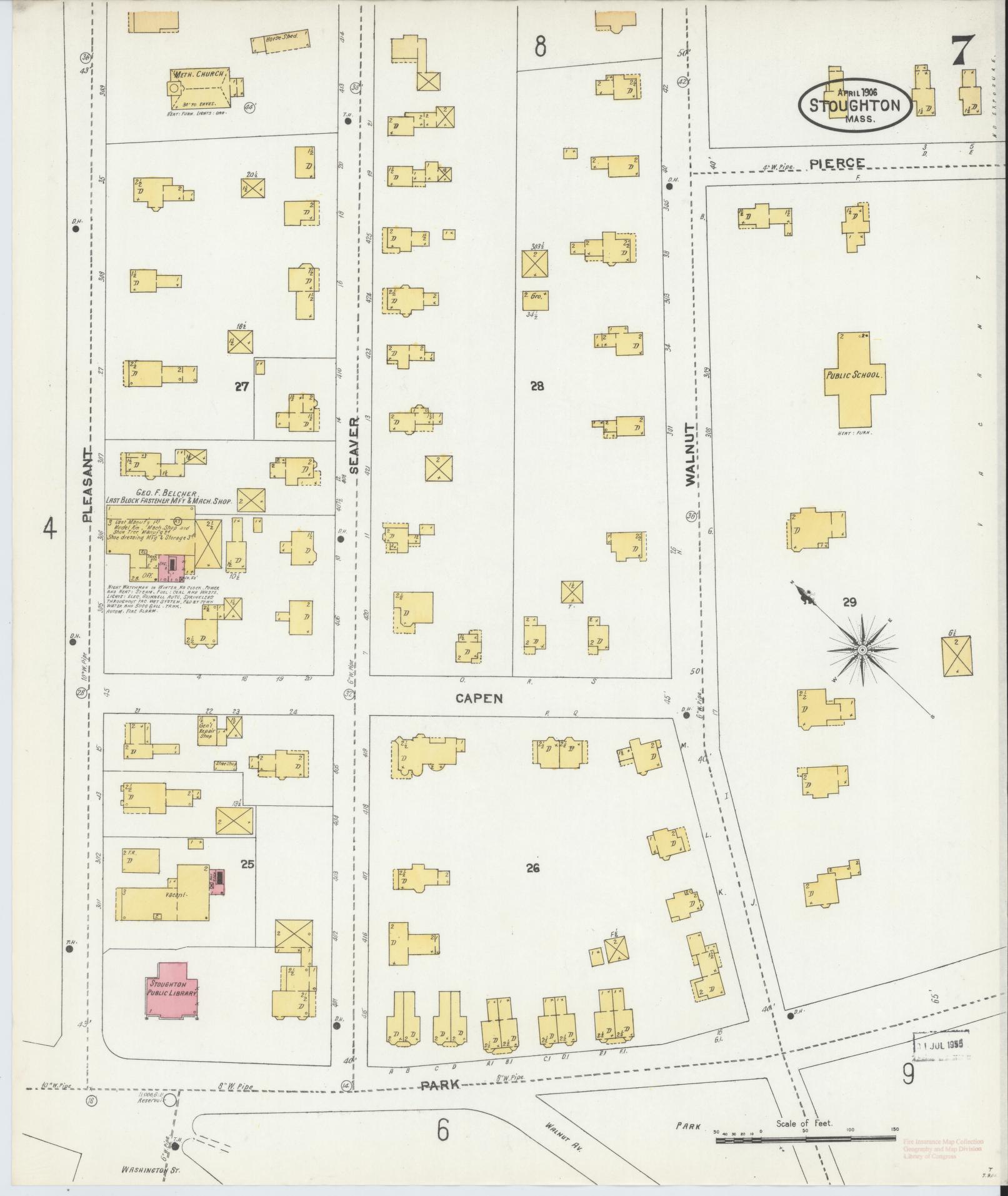 Sanborn Fire Insurance Map from Stoughton, Norfolk County, Massachusetts (1906), Sheet #0007 - Complete Map Set gallery image, historic Sanborn map, vintage wall art, Massachusetts Massachusetts