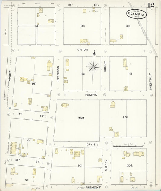 Sanborn Fire Insurance Map from Olympia, Thurston County, Washington (1891), Sheet #0012 - Historic Sanborn Fire Insurance Map Print, vintage old map wall art, antique decor, genealogy gift, Washington Washington map