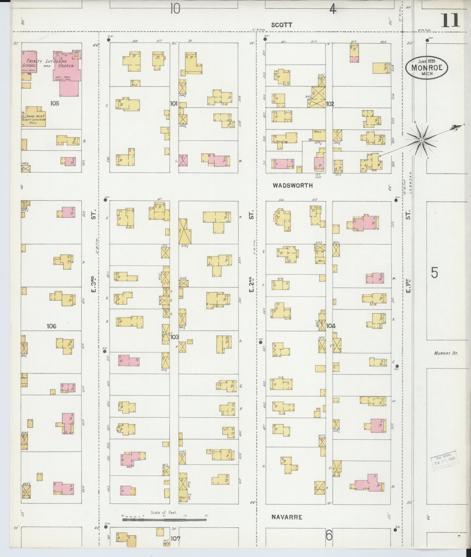 Sanborn Fire Insurance Map from Monroe, Monroe County, Michigan (1899), Sheet #0011 - Historic Sanborn Fire Insurance Map Print, vintage old map wall art, antique decor, genealogy gift, Michigan Michigan map