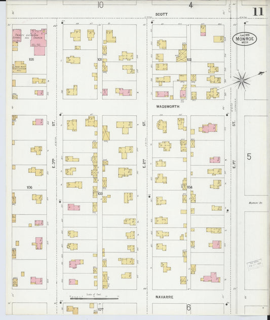 Sanborn Fire Insurance Map from Monroe, Monroe County, Michigan (1899), Sheet #0011 - Historic Sanborn Fire Insurance Map Print, vintage old map wall art, antique decor, genealogy gift, Michigan Michigan map
