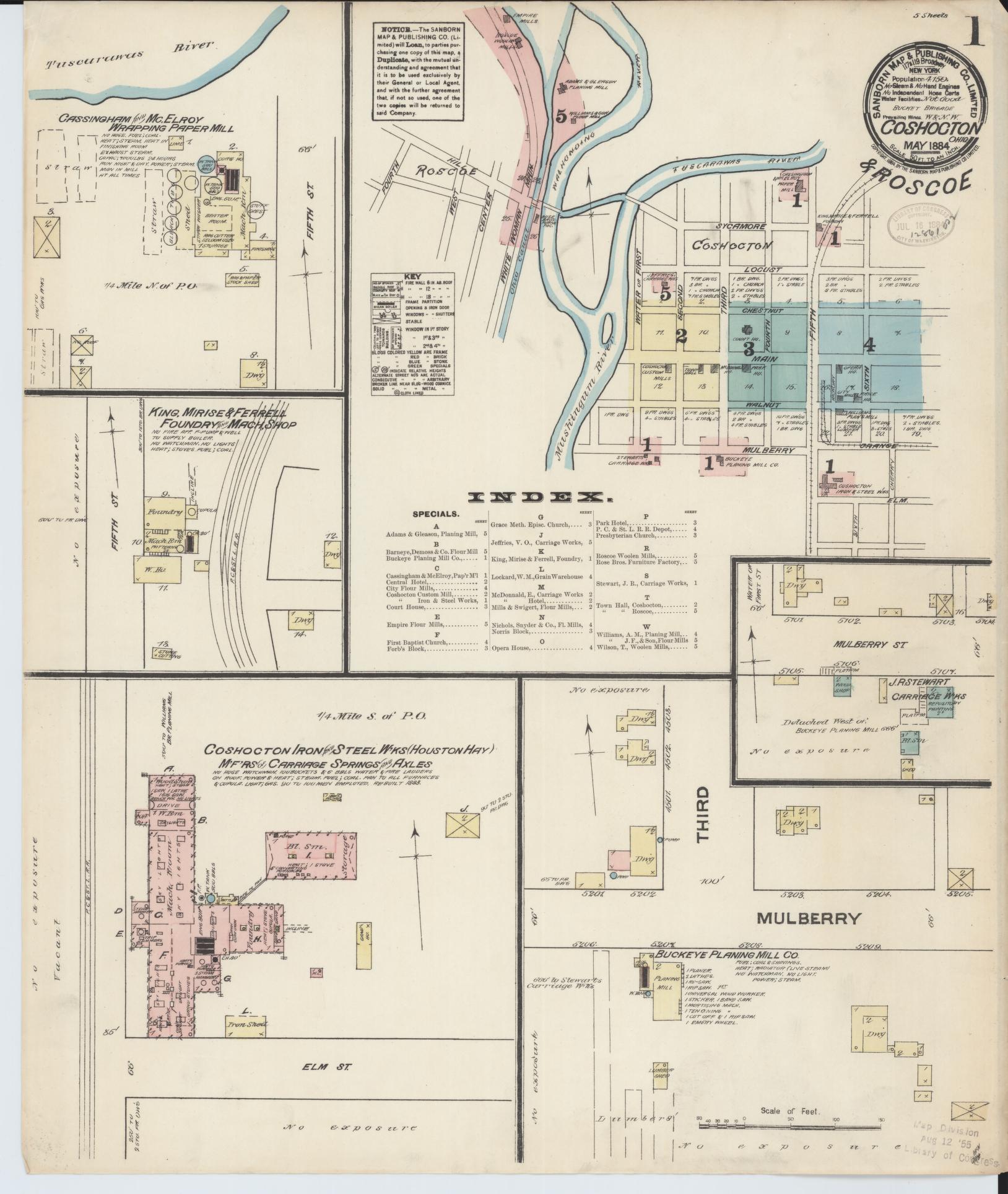 Sanborn Fire Insurance Map from Coshocton, Coshocton County, Ohio (1884), Sheet #0001 - Historic Sanborn Fire Insurance Map Print, vintage old map wall art, antique decor, genealogy gift, Ohio Ohio map