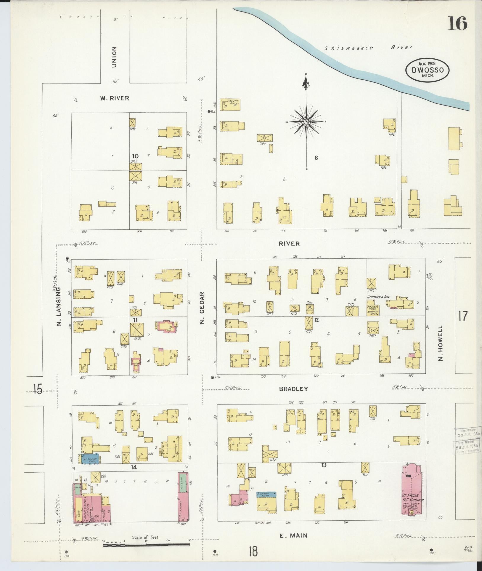 Sanborn Fire Insurance Map from Owosso, Shiawassee County, Michigan (1908), Sheet #0016 - Complete Map Set gallery image, historic Sanborn map, vintage wall art, Michigan Michigan