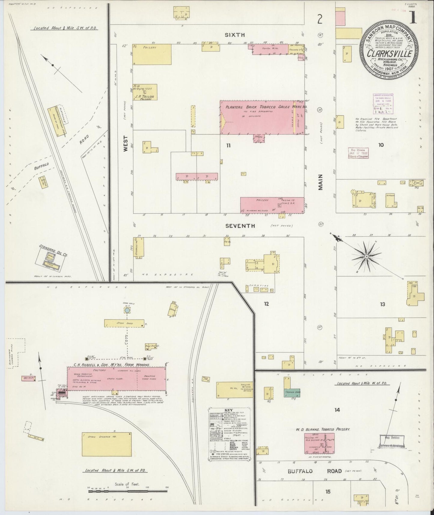 Sanborn Fire Insurance Map from Clarksville, Mecklenburg County, Virginia (1907), Sheet #0001 - Complete Map Set gallery image, historic Sanborn map, vintage wall art, Virginia Virginia
