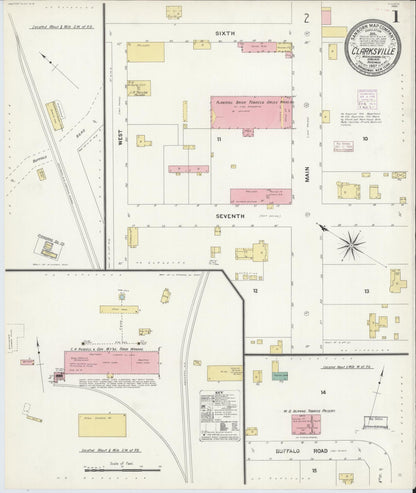 Sanborn Fire Insurance Map from Clarksville, Mecklenburg County, Virginia (1907), Sheet #0001 - Complete Map Set gallery image, historic Sanborn map, vintage wall art, Virginia Virginia