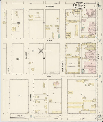 Sanborn Fire Insurance Map from Bozeman, Gallatin County, Montana (1889), Sheet #0003 - Complete Map Set gallery image, historic Sanborn map, vintage wall art, Montana Montana
