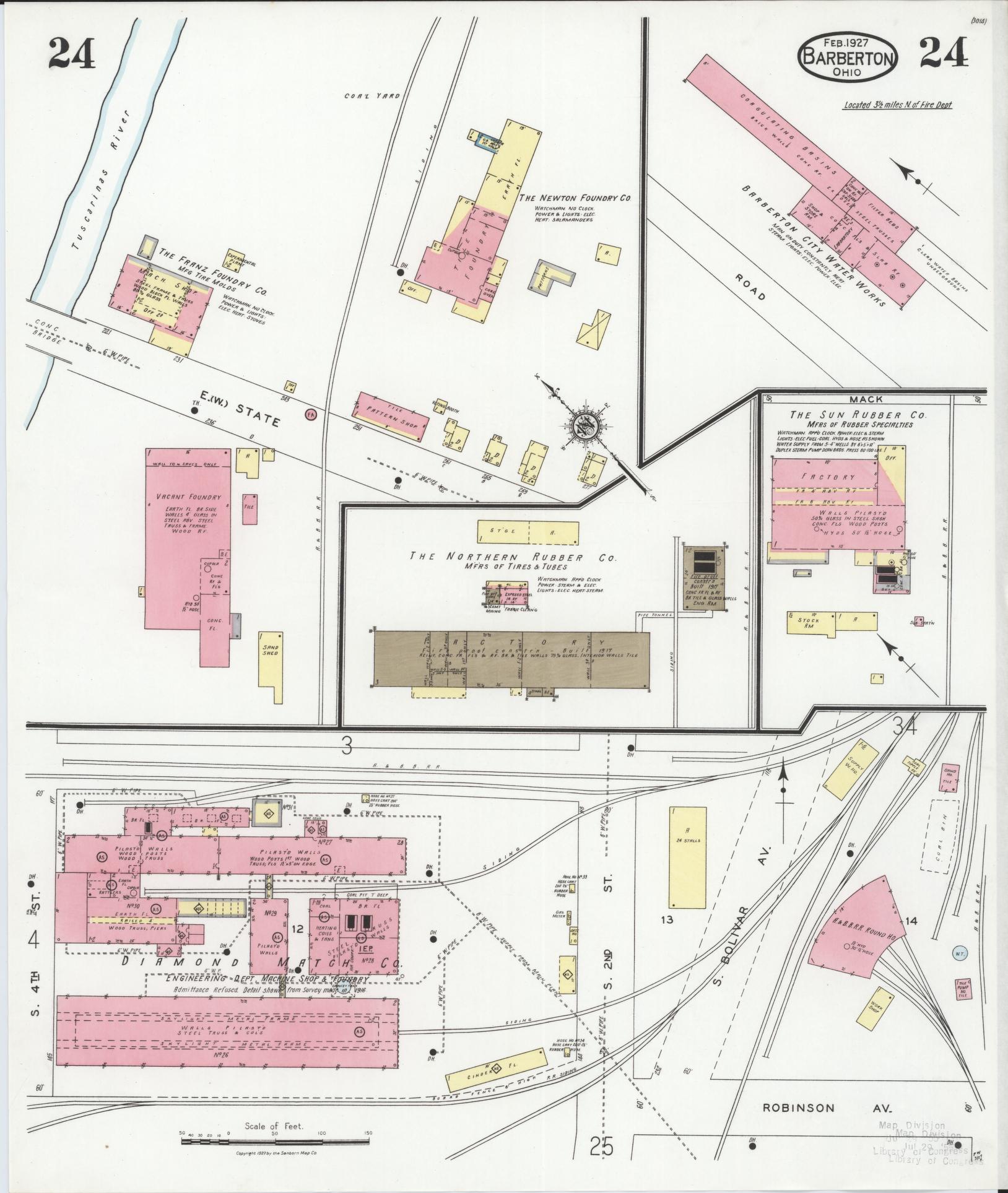 Sanborn Fire Insurance Map from Barberton, Summit County, Ohio (1927), Sheet #0024 - Historic Sanborn Fire Insurance Map Print, vintage old map wall art, antique decor, genealogy gift, Ohio Ohio map