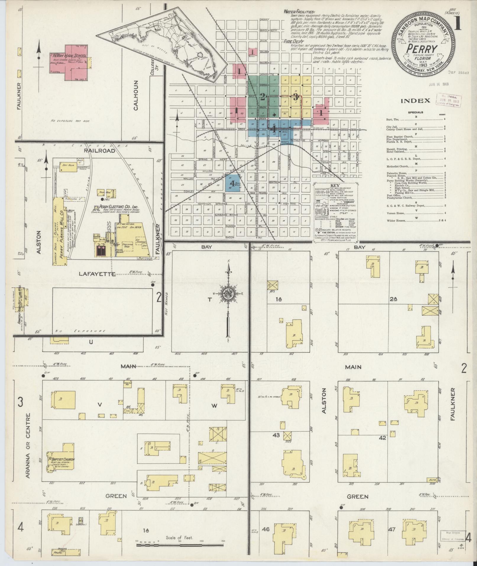 Sanborn Fire Insurance Map from Perry, Taylor County, Florida (1913), Sheet #0001 - Complete Map Set gallery image, historic Sanborn map, vintage wall art, Florida Florida