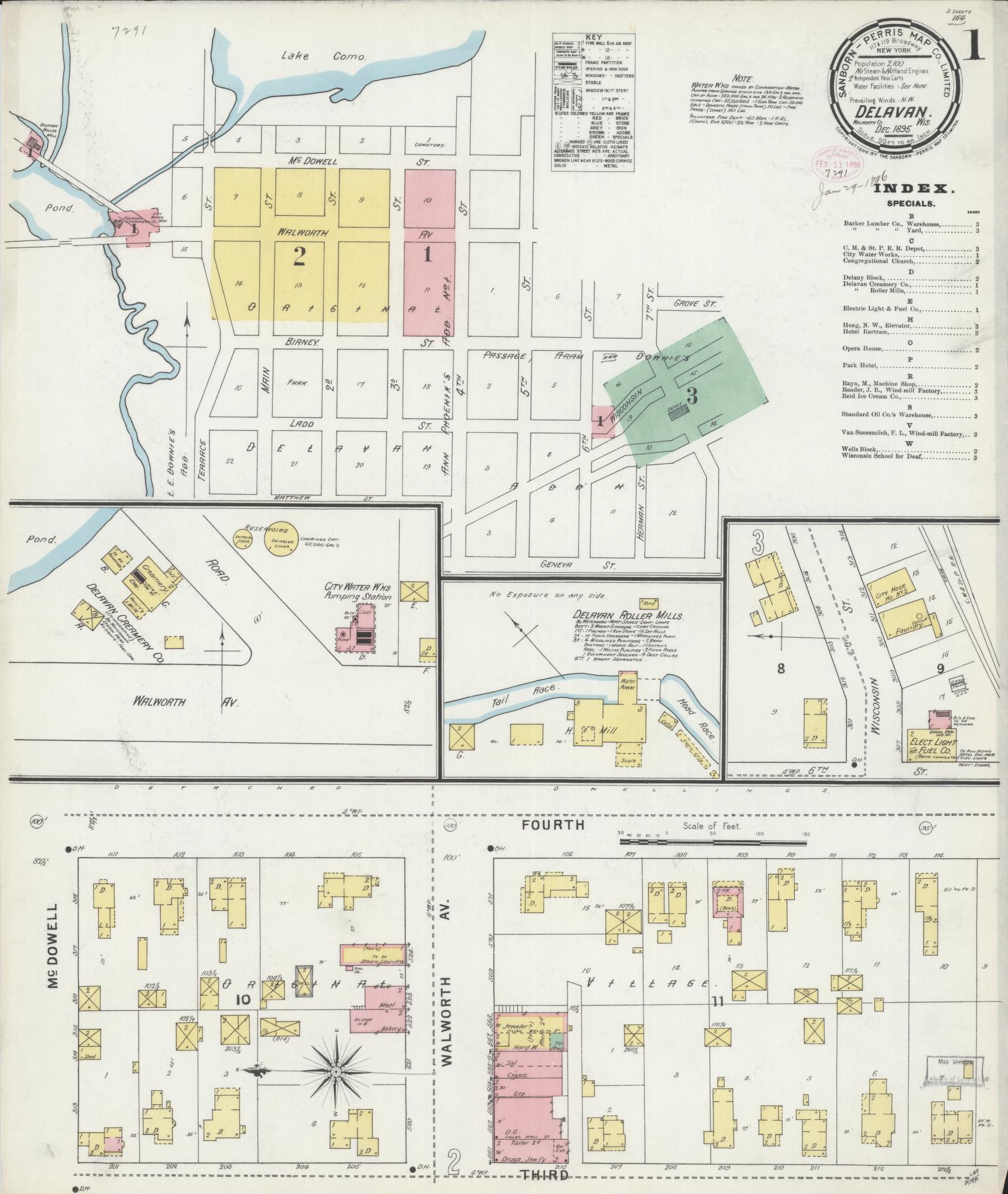 Sanborn Fire Insurance Map from Delavan, Walworth County, Wisconsin (1895), Sheet #0001 - Historic Sanborn Fire Insurance Map Print, vintage old map wall art, antique decor, genealogy gift, Wisconsin Wisconsin map