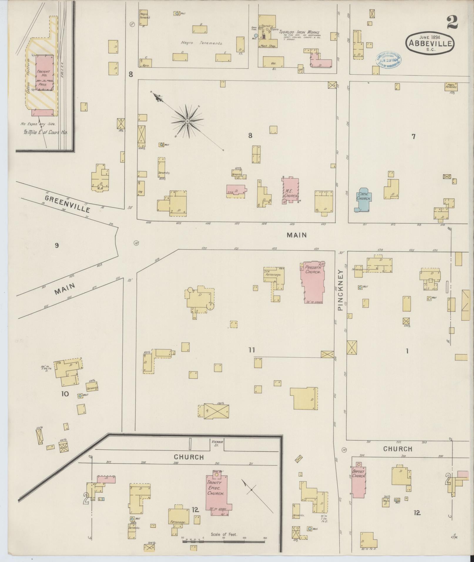 Sanborn Fire Insurance Map from Abbeville, Abbeville County, South Carolina (1894), Sheet #0002 - Historic Sanborn Fire Insurance Map Print, vintage old map wall art, antique decor, genealogy gift, South Carolina South Carolina map