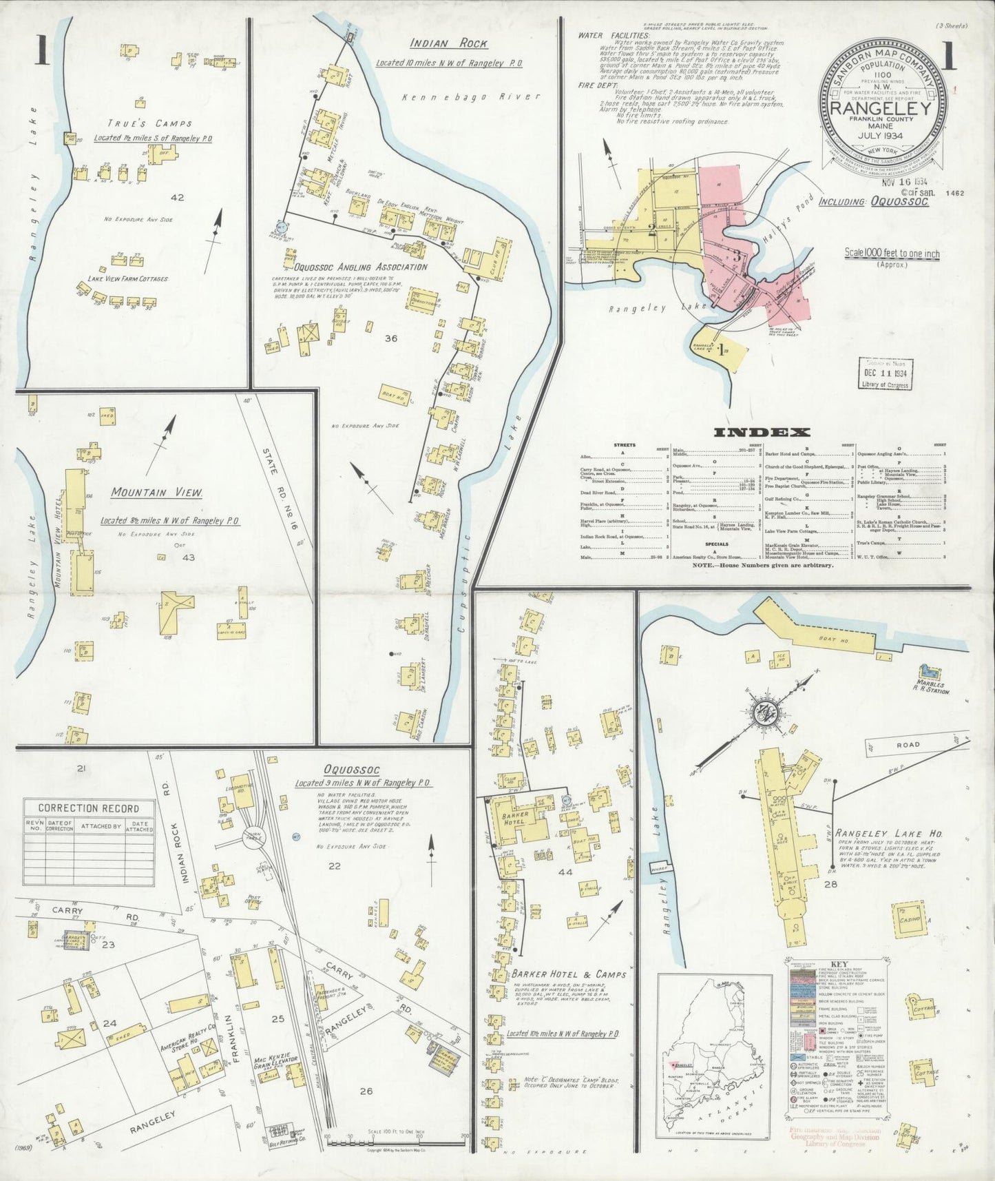 Sanborn Fire Insurance Map from Rangeley, Franklin County, Maine (1934), Sheet #0001 - Historic Sanborn Fire Insurance Map Print, vintage old map wall art, antique decor, genealogy gift, Maine Maine map