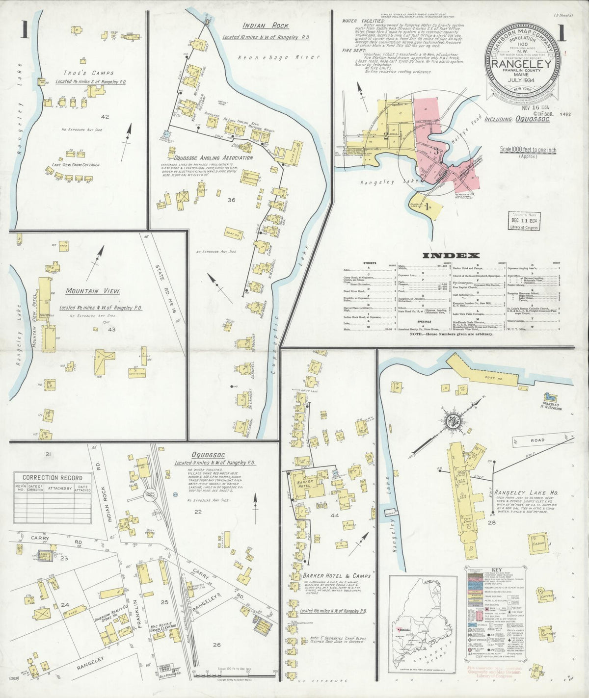 Sanborn Fire Insurance Map from Rangeley, Franklin County, Maine (1934), Sheet #0001 - Historic Sanborn Fire Insurance Map Print, vintage old map wall art, antique decor, genealogy gift, Maine Maine map
