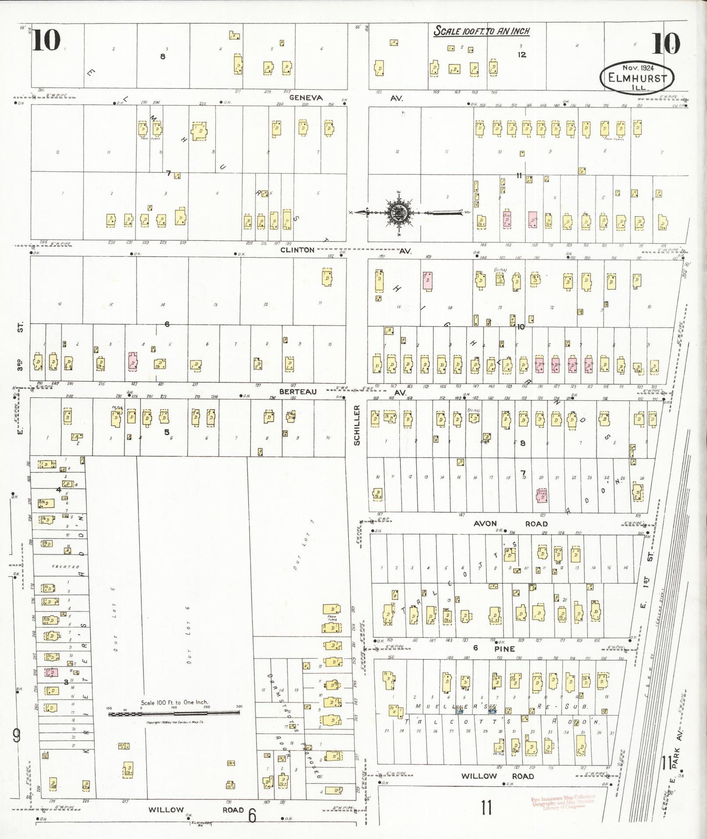 Sanborn Fire Insurance Map from Elmhurst, Du Page County, Illinois (1924), Sheet #0010 - Historic Sanborn Fire Insurance Map Print, vintage old map wall art, antique decor, genealogy gift, Illinois Illinois map