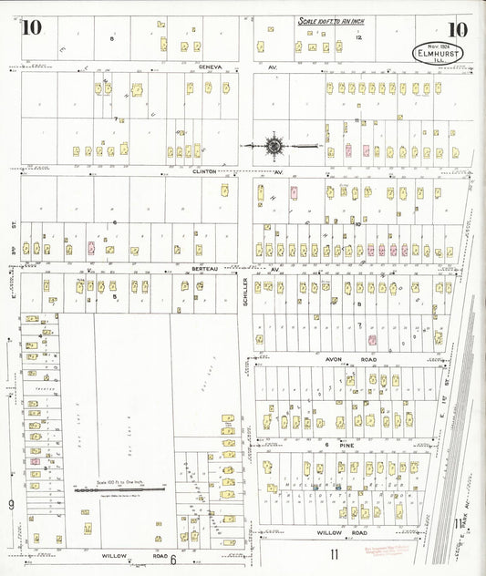 Sanborn Fire Insurance Map from Elmhurst, Du Page County, Illinois (1924), Sheet #0010 - Historic Sanborn Fire Insurance Map Print, vintage old map wall art, antique decor, genealogy gift, Illinois Illinois map