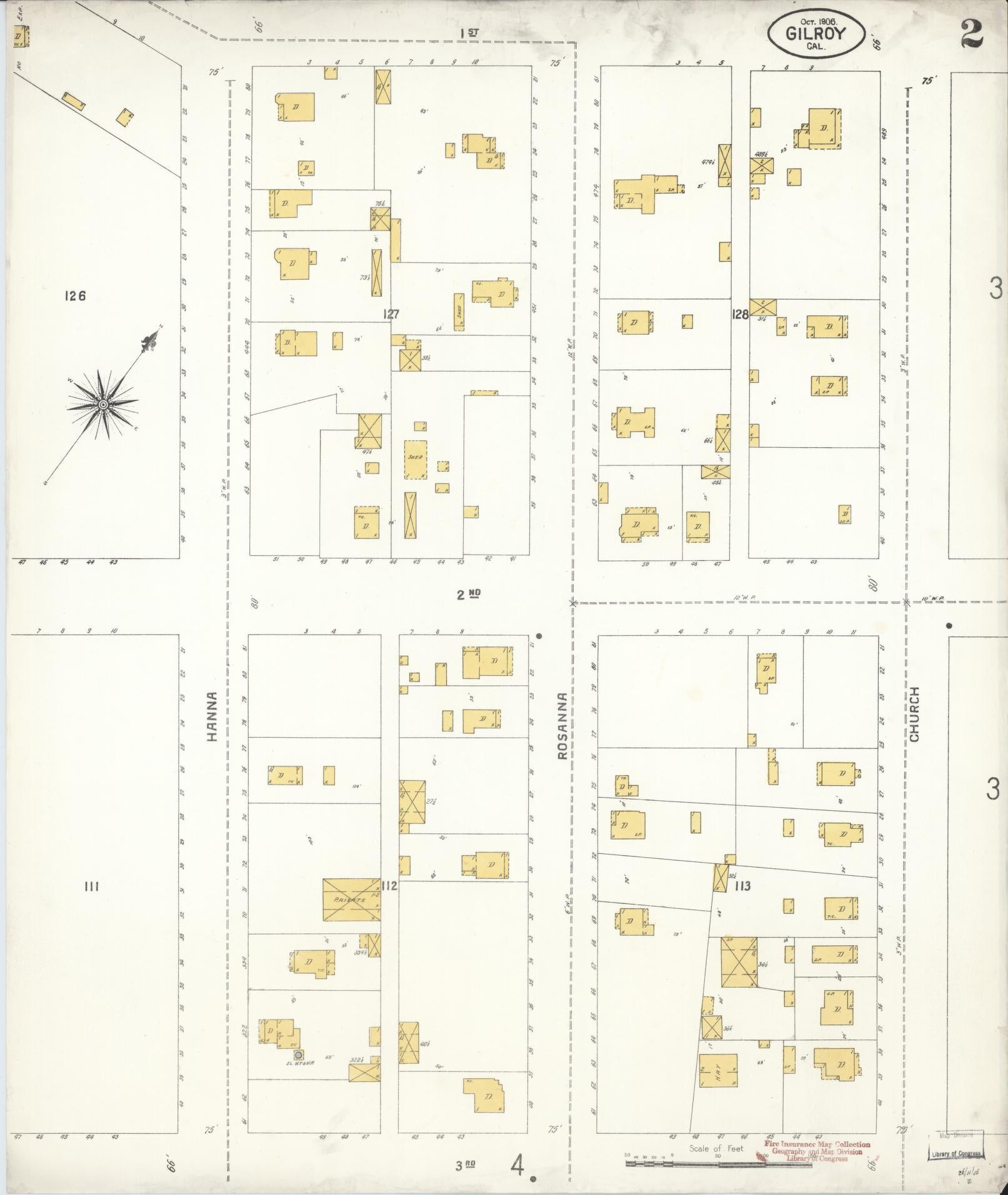 Sanborn Fire Insurance Map from Gilroy, Santa Clara County, California (1906), Sheet #0002 - Historic Sanborn Fire Insurance Map Print, vintage old map wall art, antique decor, genealogy gift, California California map