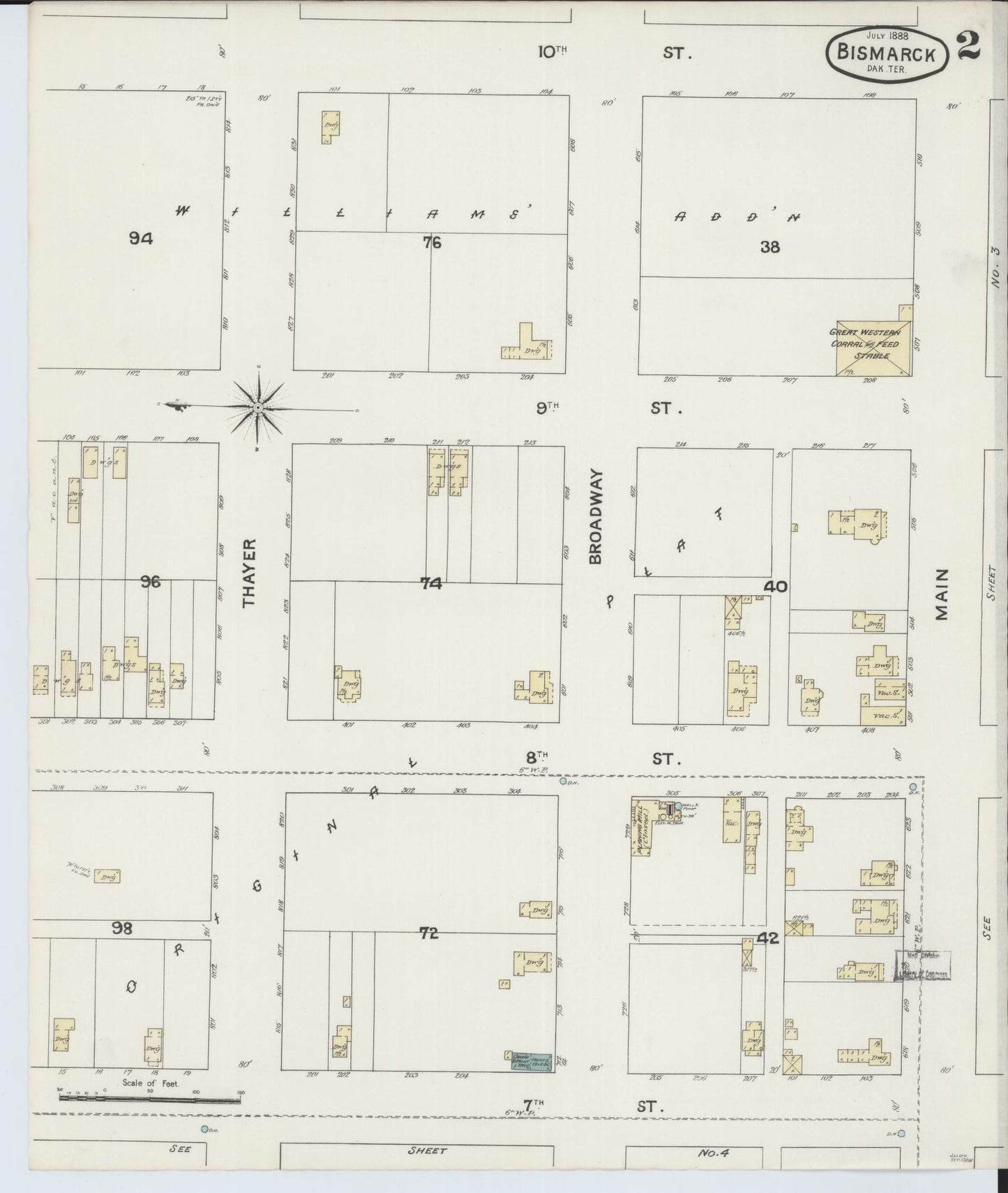 Sanborn Fire Insurance Map from Bismarck, Burleigh County, North Dakota (1888), Sheet #0002 - Complete Map Set gallery image, historic Sanborn map, vintage wall art, North Dakota North Dakota