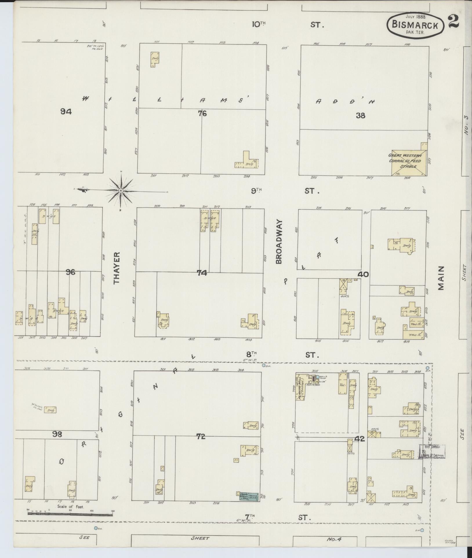 Sanborn Fire Insurance Map from Bismarck, Burleigh County, North Dakota (1888), Sheet #0002 - Complete Map Set gallery image, historic Sanborn map, vintage wall art, North Dakota North Dakota