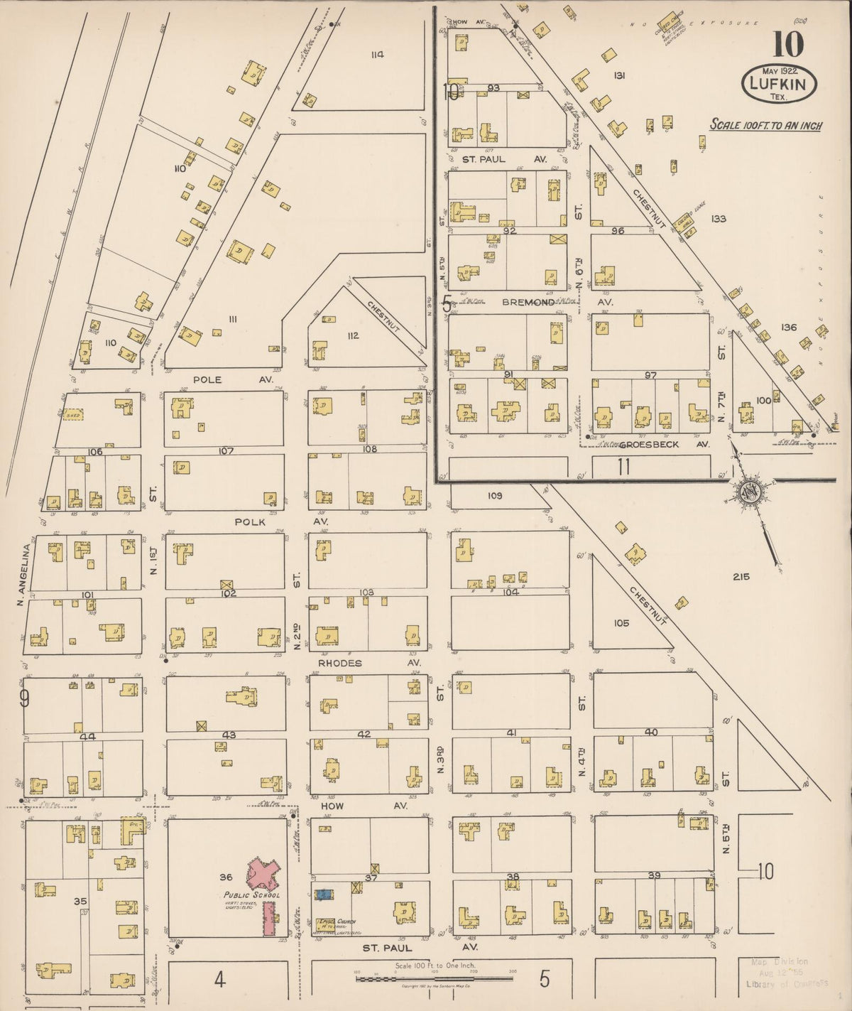Sanborn Fire Insurance Map from Lufkin, Angelina County, Texas (1922), Sheet #0010 - Complete Map Set gallery image, historic Sanborn map, vintage wall art, Texas Texas