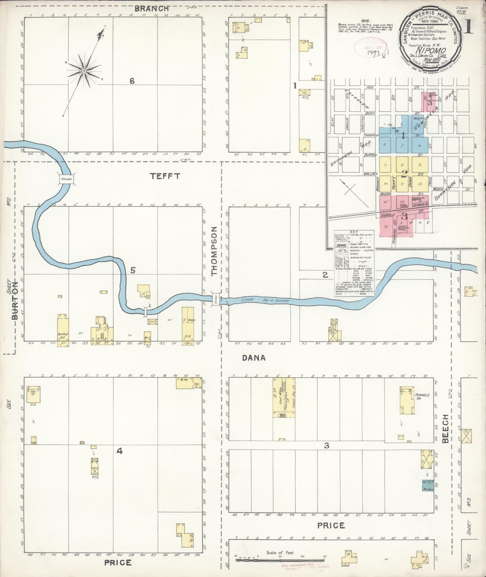 Sanborn Fire Insurance Map from Nipomo, San Luis Obispo County, California (1891), Sheet #0001 - Historic Sanborn Fire Insurance Map Print, vintage old map wall art, antique decor, genealogy gift, California California map