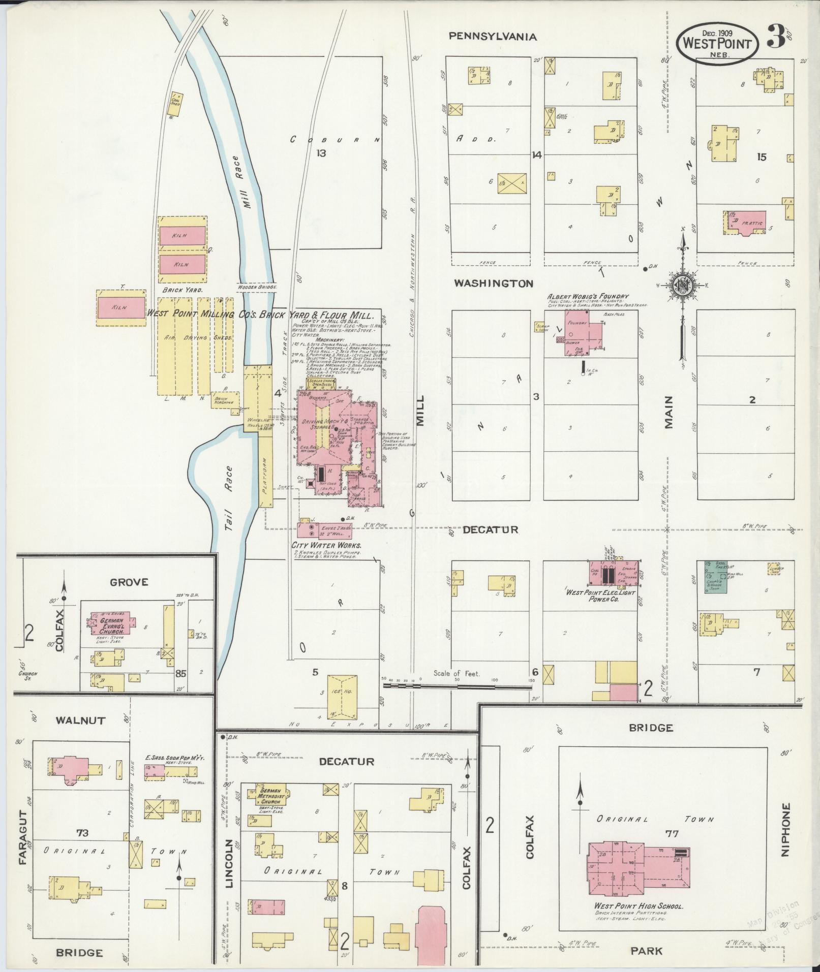 Sanborn Fire Insurance Map from West Point, Cuming County, Nebraska (1909), Sheet #0003 - Historic Sanborn Fire Insurance Map Print, vintage old map wall art, antique decor, genealogy gift, Nebraska Nebraska map