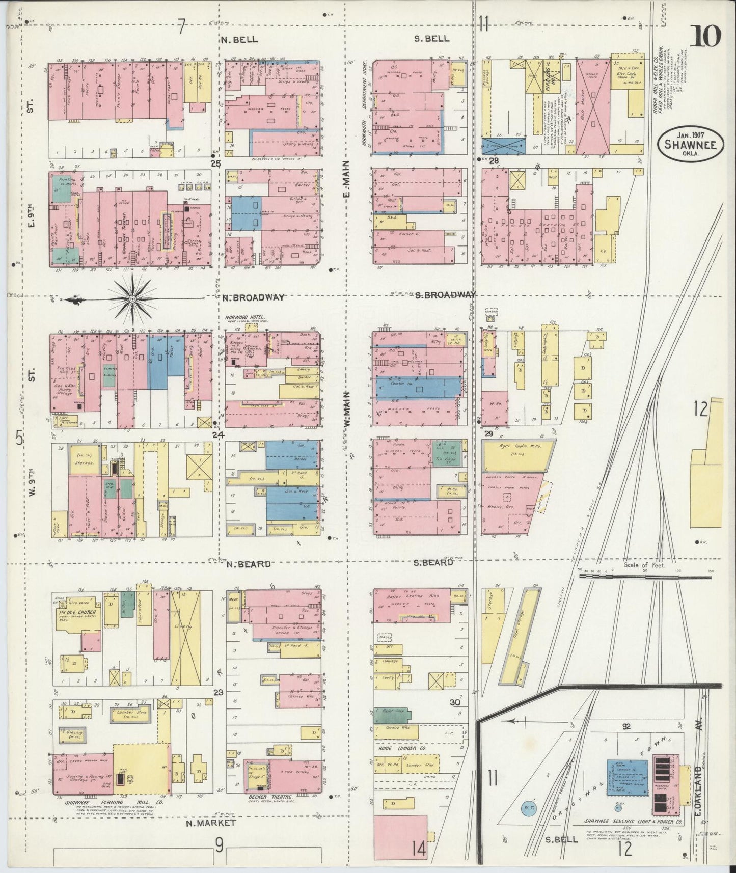 Sanborn Fire Insurance Map from Shawnee, Pottawatomie County, Oklahoma (1907), Sheet #0010 - Complete Map Set gallery image, historic Sanborn map, vintage wall art, Oklahoma Oklahoma