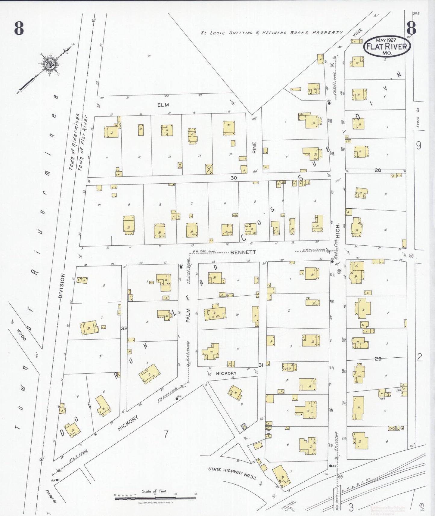 Sanborn Fire Insurance Map from Flat River, Saint Francois County, Missouri (1927), Sheet #0008 - Historic Sanborn Fire Insurance Map Print, vintage old map wall art, antique decor, genealogy gift, Missouri Missouri map