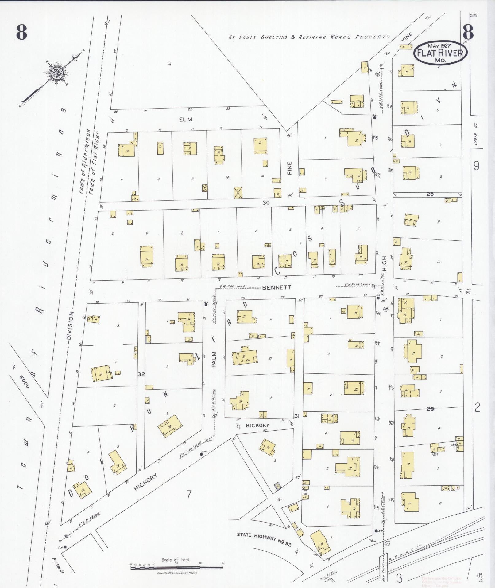 Sanborn Fire Insurance Map from Flat River, Saint Francois County, Missouri (1927), Sheet #0008 - Historic Sanborn Fire Insurance Map Print, vintage old map wall art, antique decor, genealogy gift, Missouri Missouri map