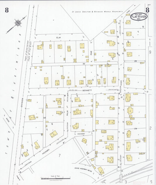 Sanborn Fire Insurance Map from Flat River, Saint Francois County, Missouri (1927), Sheet #0008 - Historic Sanborn Fire Insurance Map Print, vintage old map wall art, antique decor, genealogy gift, Missouri Missouri map