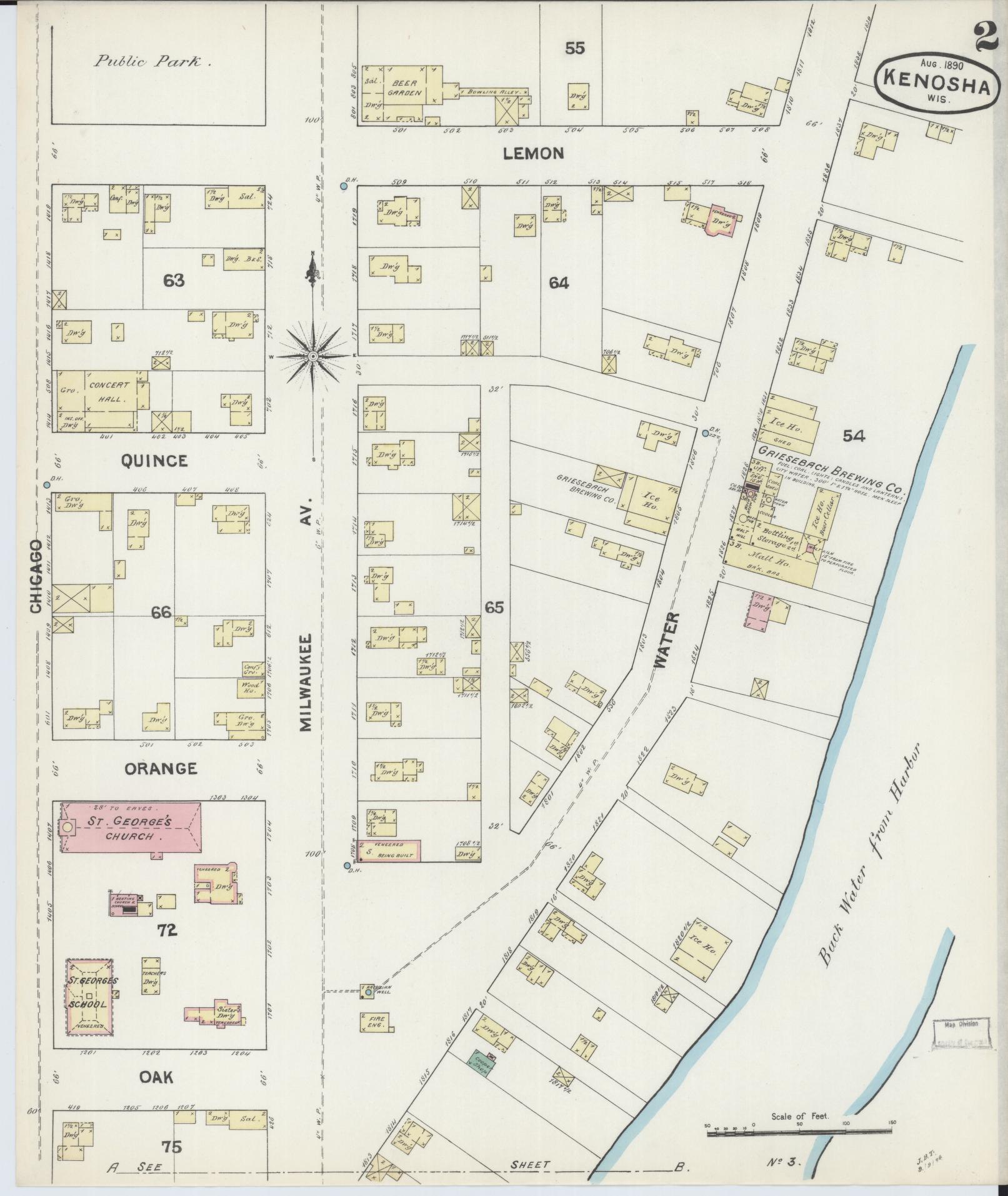 Sanborn Fire Insurance Map from Kenosha, Kenosha County, Wisconsin (1890), Sheet #0002 - Historic Sanborn Fire Insurance Map Print, vintage old map wall art, antique decor, genealogy gift, Wisconsin Wisconsin map