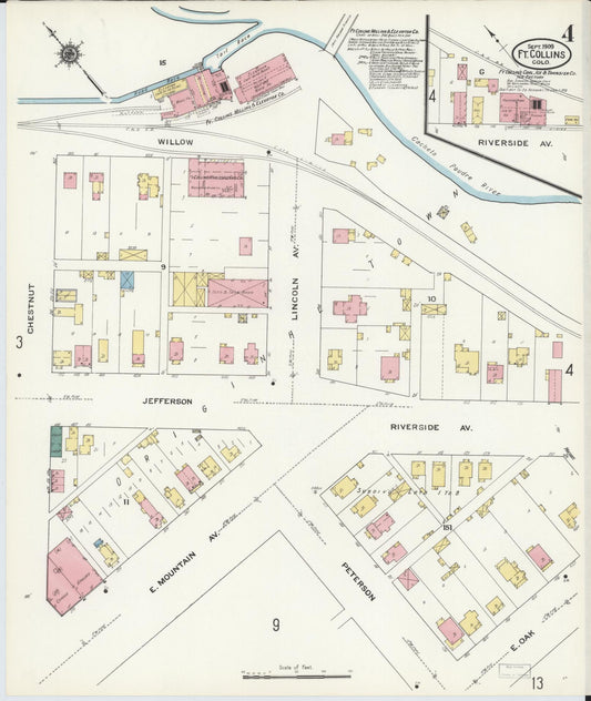 Sanborn Fire Insurance Map from Fort Collins, Larimer County, Colorado (1909), Sheet #0004 - Historic Sanborn Fire Insurance Map Print, vintage old map wall art, antique decor, genealogy gift, Colorado Colorado map