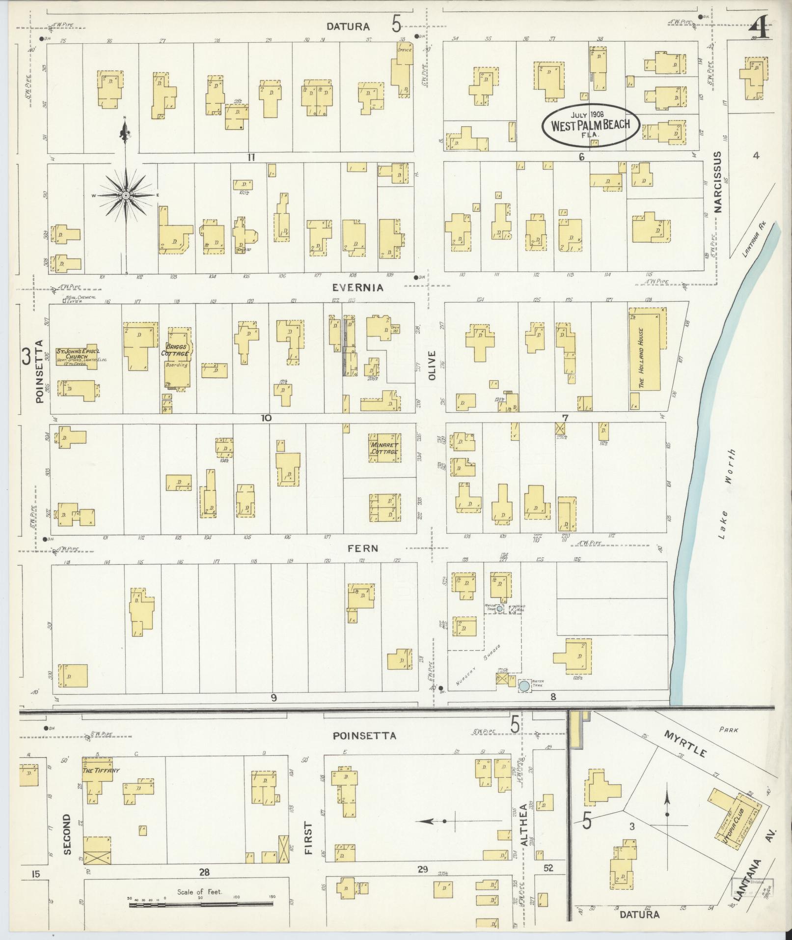 Sanborn Fire Insurance Map from West Palm Beach, Dade County, Florida (1908), Sheet #0004 - Historic Sanborn Fire Insurance Map Print, vintage old map wall art, antique decor, genealogy gift, Florida Florida map