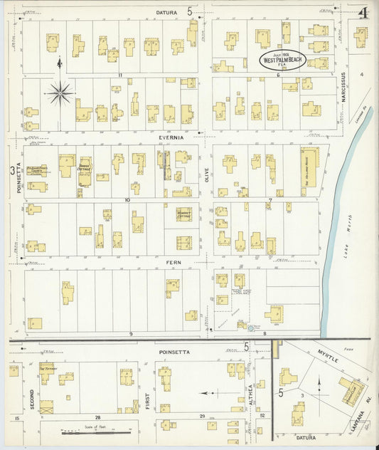 Sanborn Fire Insurance Map from West Palm Beach, Dade County, Florida (1908), Sheet #0004 - Historic Sanborn Fire Insurance Map Print, vintage old map wall art, antique decor, genealogy gift, Florida Florida map