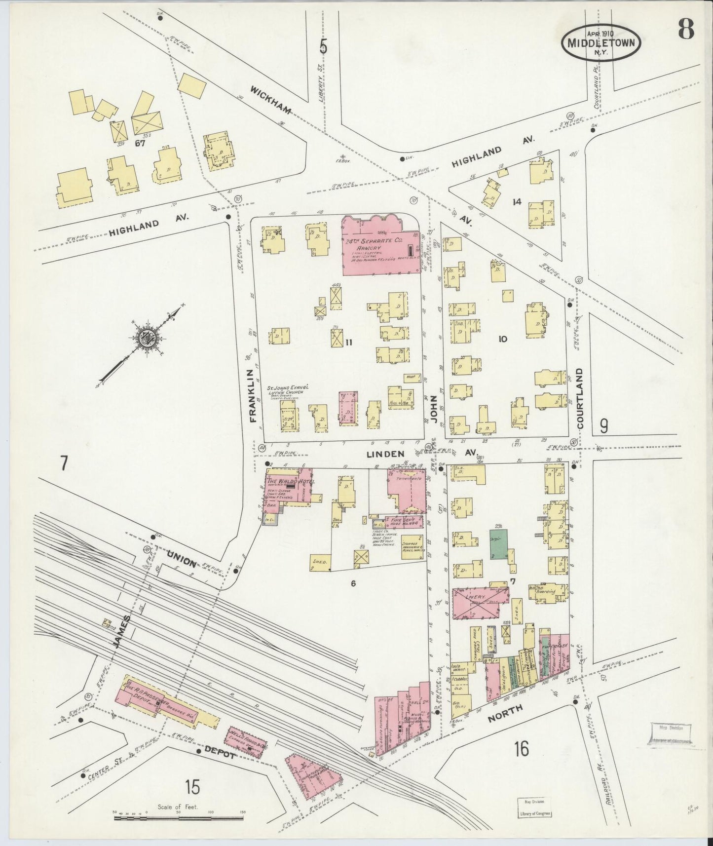 Sanborn Fire Insurance Map from Middletown, Orange County, New York (1910), Sheet #0008 - Complete Map Set gallery image, historic Sanborn map, vintage wall art, New York New York