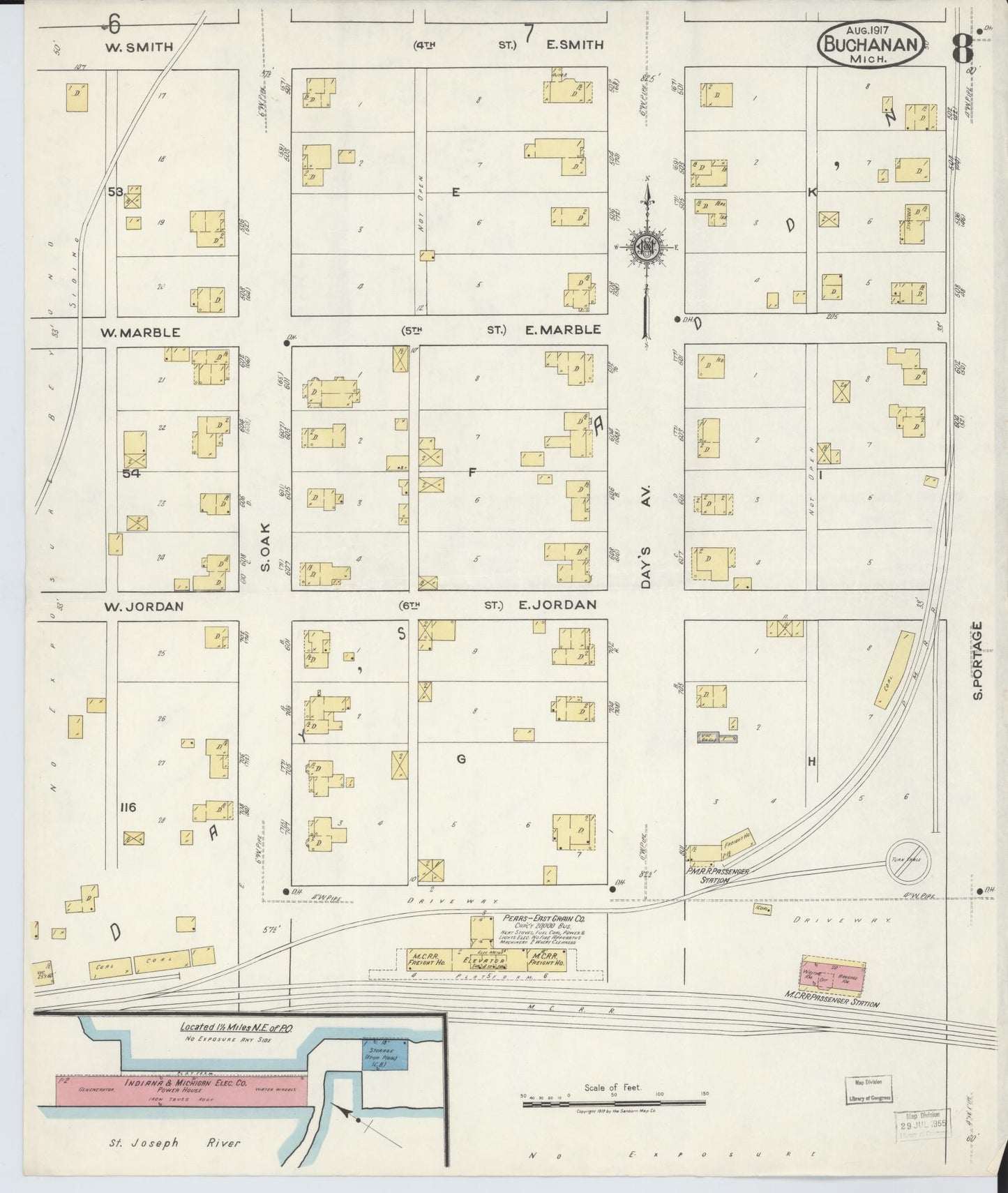 Sanborn Fire Insurance Map from Buchanan, Berrien County, Michigan (1917), Sheet #0008 - Historic Sanborn Fire Insurance Map Print, vintage old map wall art, antique decor, genealogy gift, Michigan Michigan map