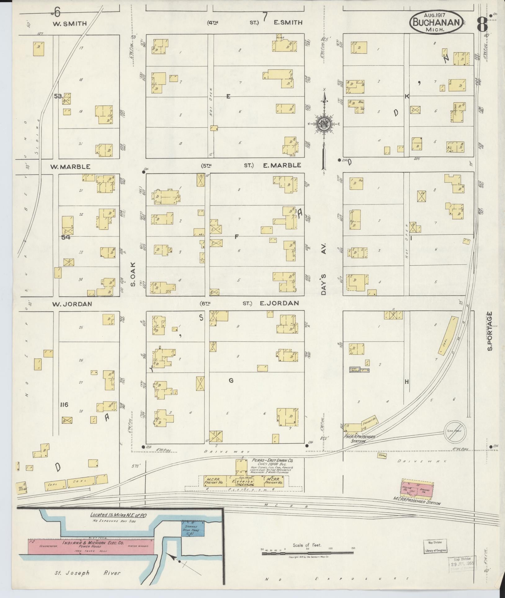 Sanborn Fire Insurance Map from Buchanan, Berrien County, Michigan (1917), Sheet #0008 - Historic Sanborn Fire Insurance Map Print, vintage old map wall art, antique decor, genealogy gift, Michigan Michigan map