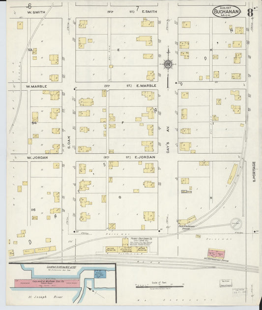 Sanborn Fire Insurance Map from Buchanan, Berrien County, Michigan (1917), Sheet #0008 - Historic Sanborn Fire Insurance Map Print, vintage old map wall art, antique decor, genealogy gift, Michigan Michigan map
