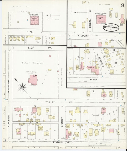 Sanborn Fire Insurance Map from Ottumwa, Wapello County, Iowa (1891), Sheet #0009 - Historic Sanborn Fire Insurance Map Print, vintage old map wall art