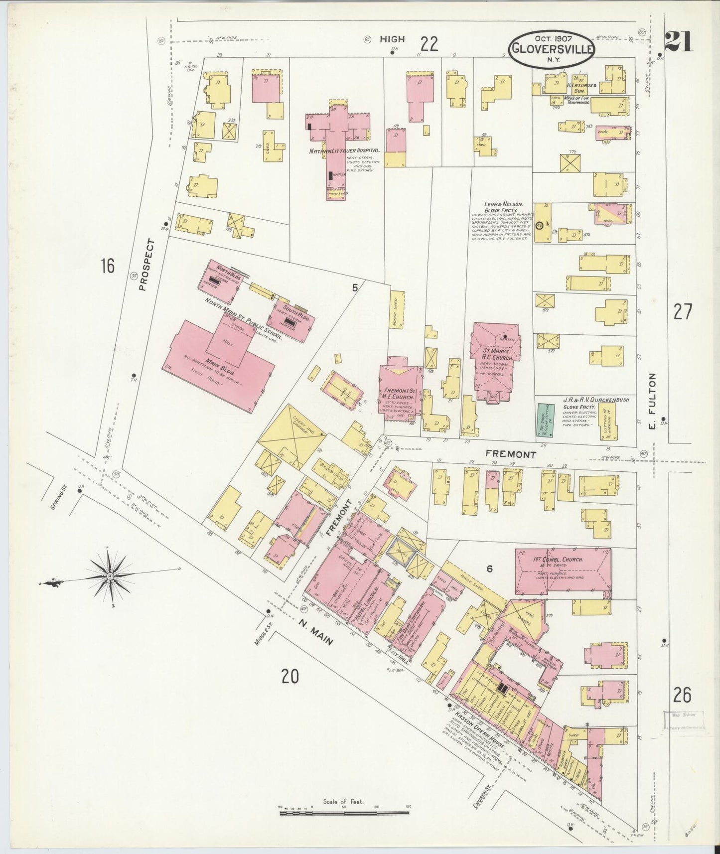 Sanborn Fire Insurance Map from Gloversville, Fulton County, New York (1907), Sheet #0021 - Complete Map Set gallery image, historic Sanborn map, vintage wall art, New York New York