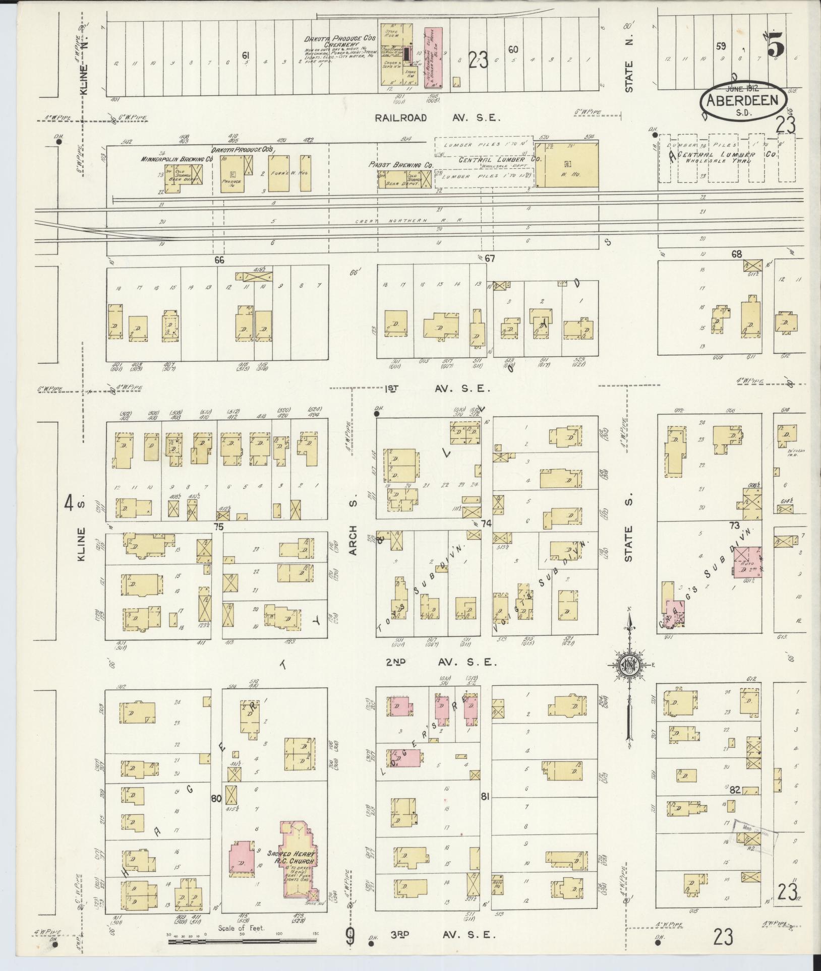 Sanborn Fire Insurance Map from Aberdeen, Brown County, South Dakota (1912), Sheet #0005 - Historic Sanborn Fire Insurance Map Print, vintage old map wall art, antique decor, genealogy gift, South Dakota South Dakota map